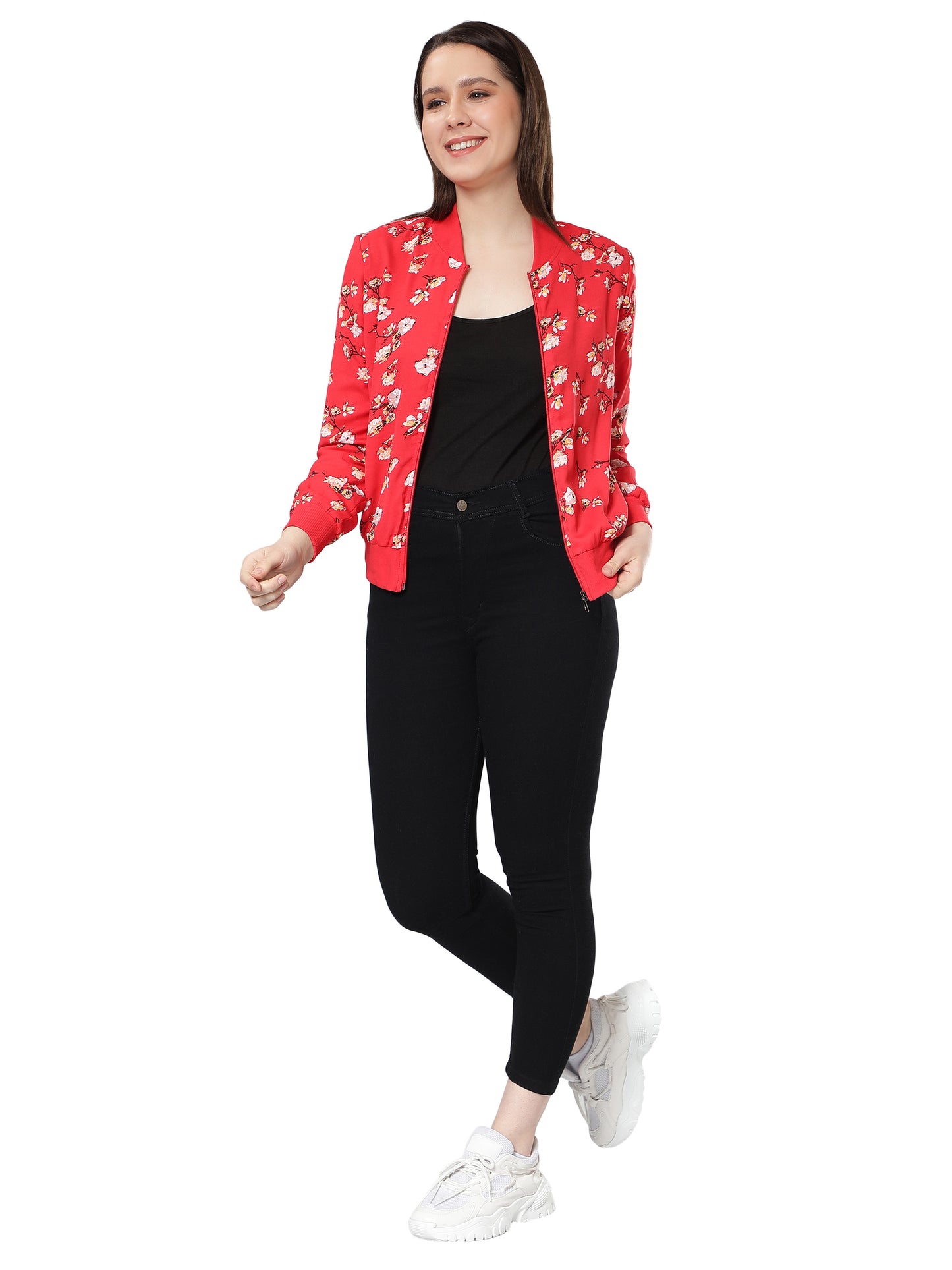 NUEVOSDAMAS Women Floral Printed Red Bomber Jacket