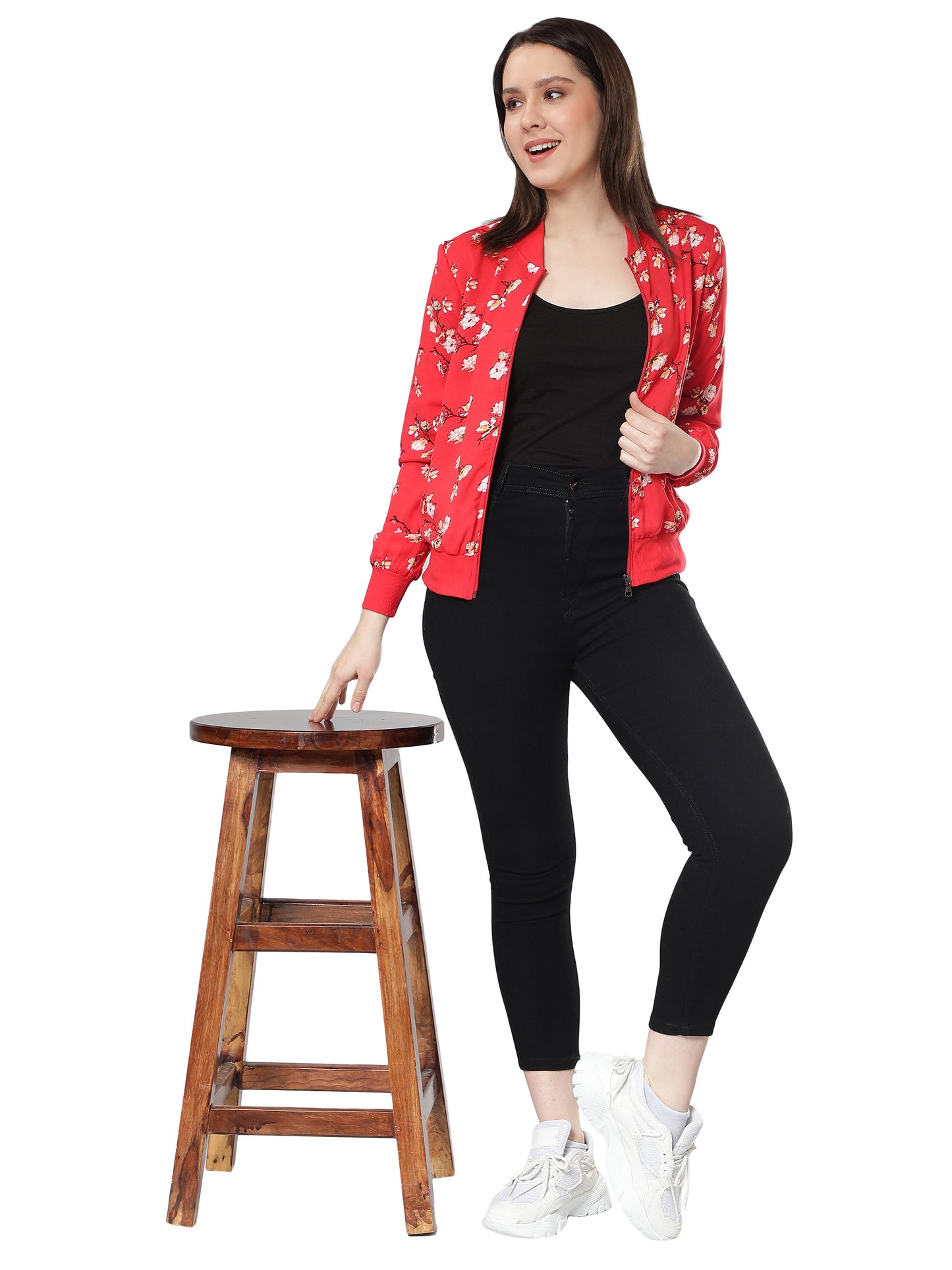 NUEVOSDAMAS Women Floral Printed Red Bomber Jacket