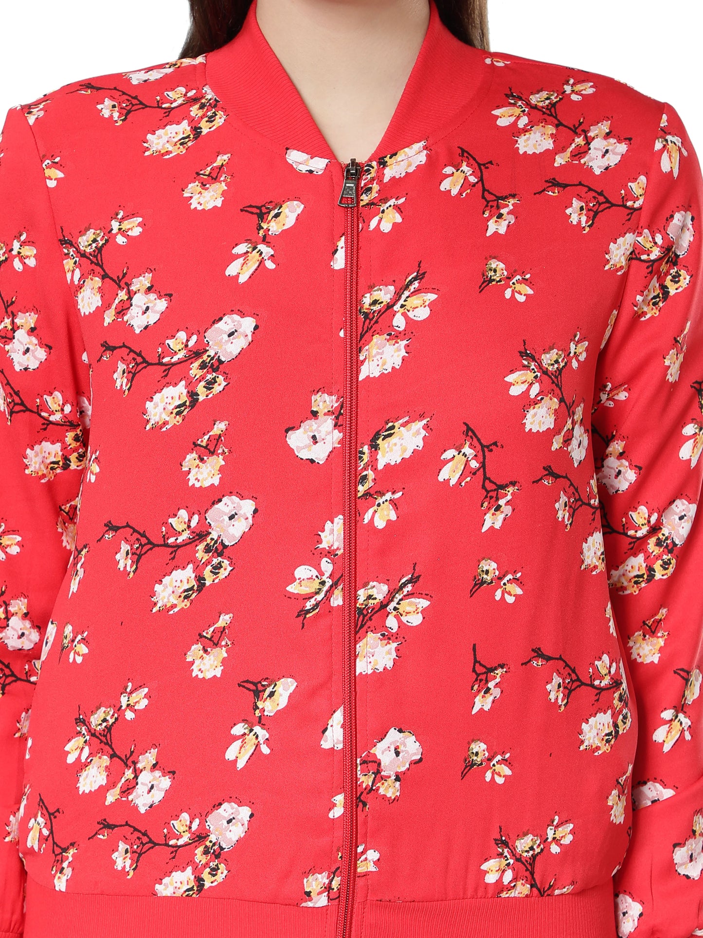 NUEVOSDAMAS Women Floral Printed Red Bomber Jacket