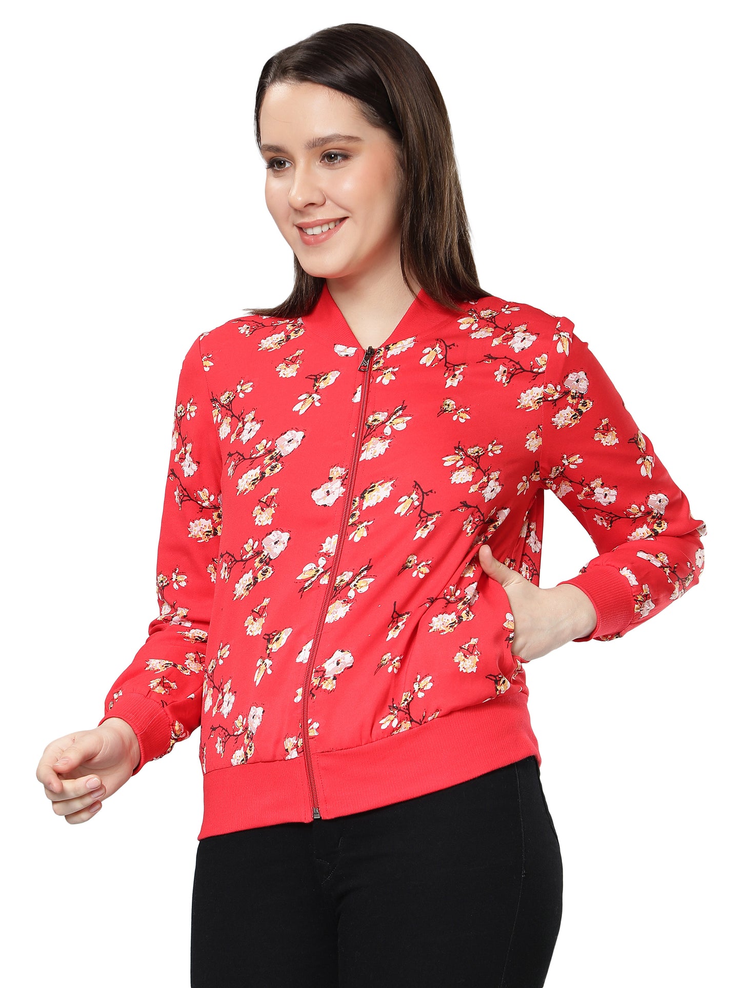 NUEVOSDAMAS Women Floral Printed Red Bomber Jacket