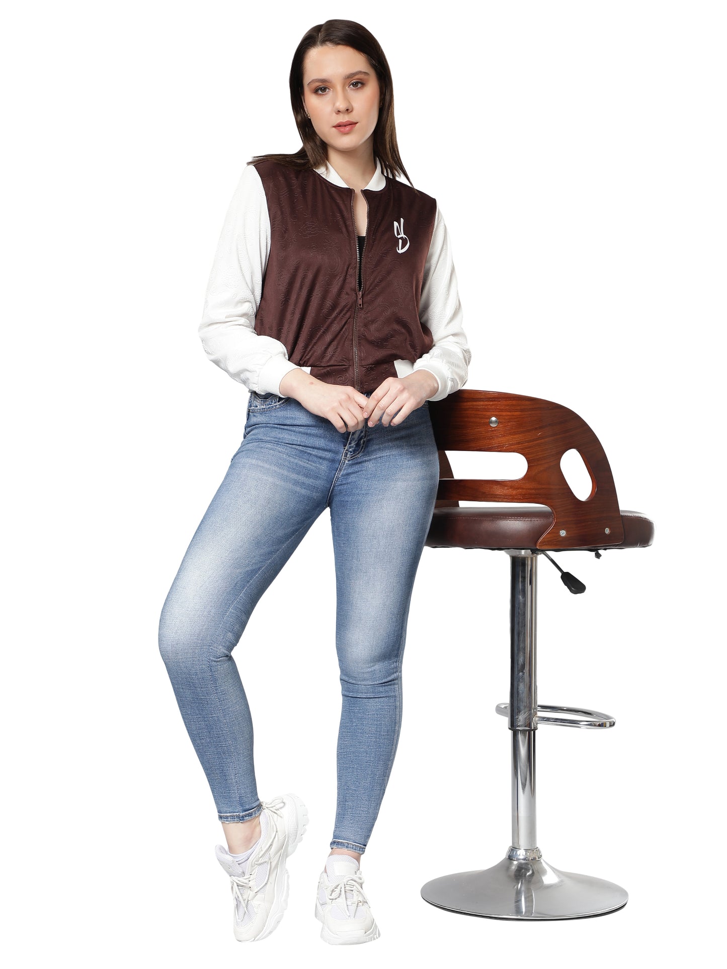 NUEVOSDAMAS Women Brown Floral Embossed Printed Varsity Jacket