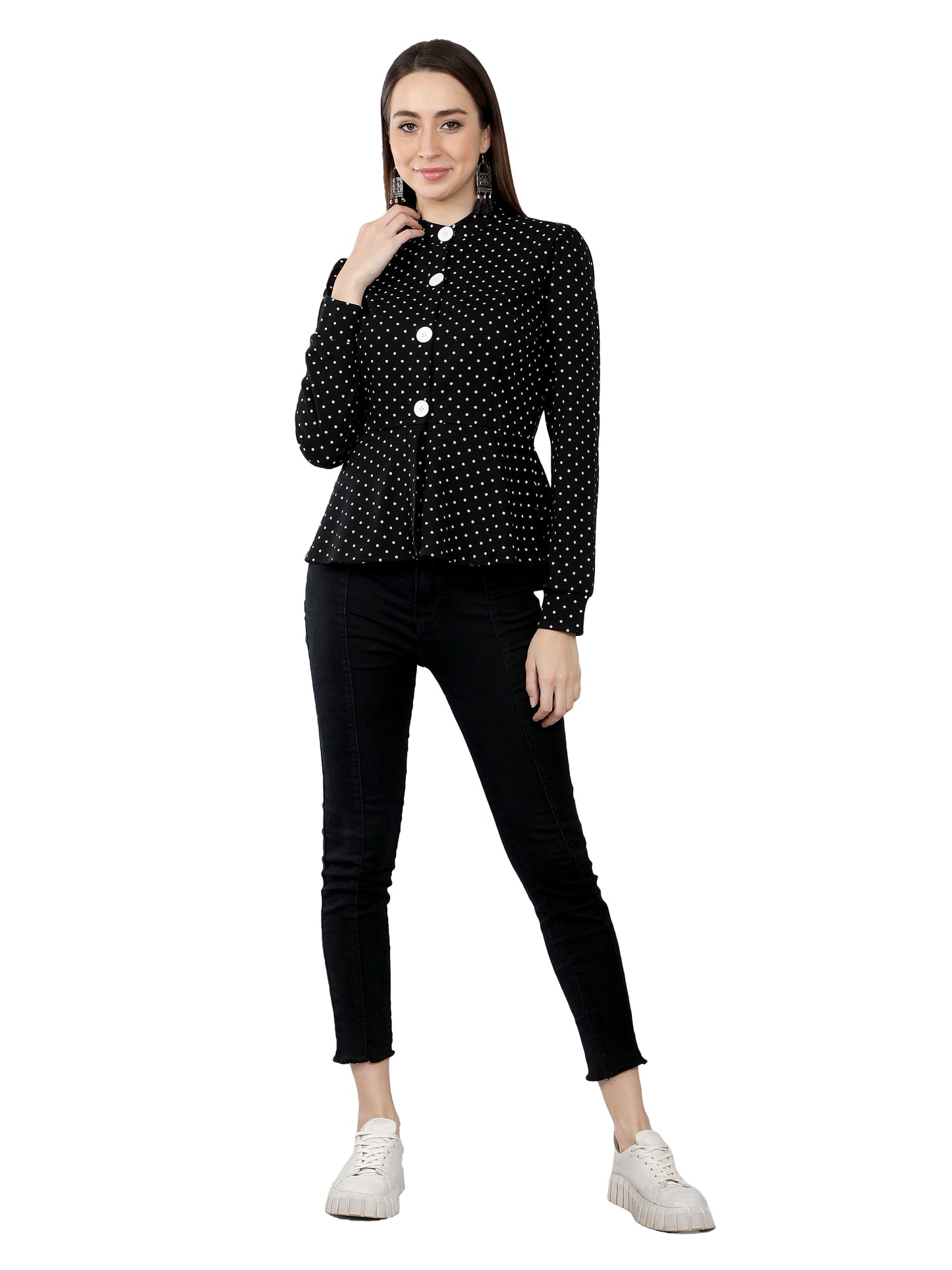 NUEVOSDAMAS Women Polka Dot Printed Peplum Jacket-Black