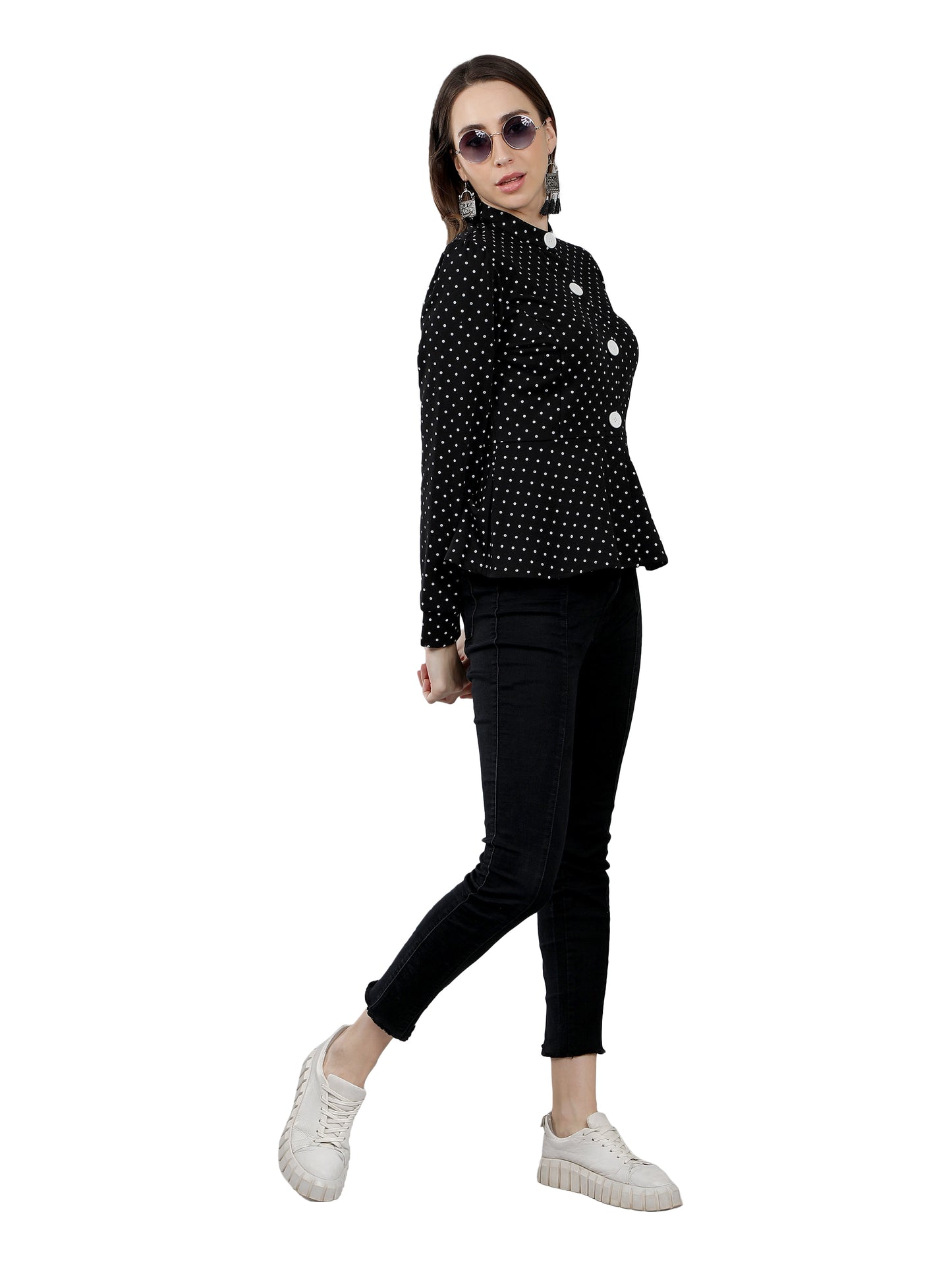 NUEVOSDAMAS Women Polka Dot Printed Peplum Jacket-Black