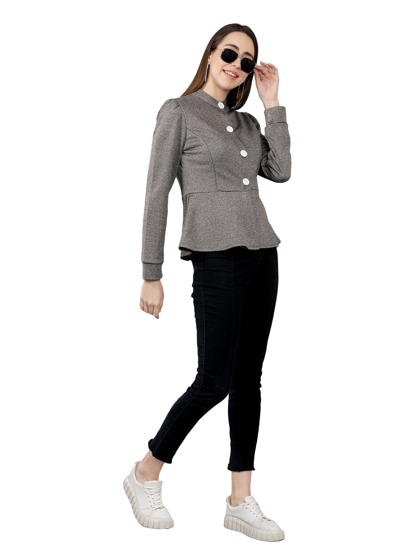 NUEVOSDAMAS Women Solid Peplum Jacket - Grey