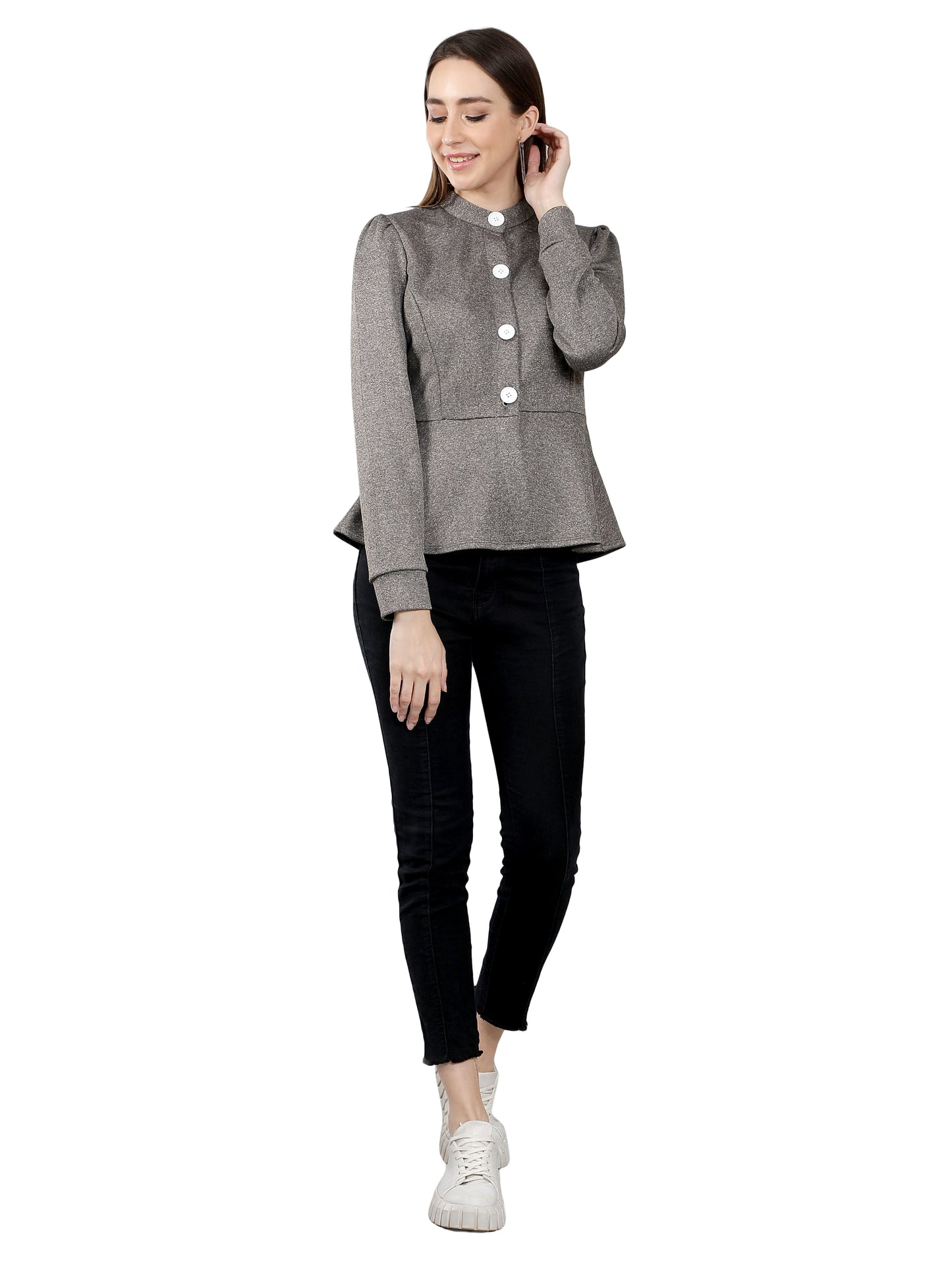 NUEVOSDAMAS Women Solid Peplum Jacket - Grey