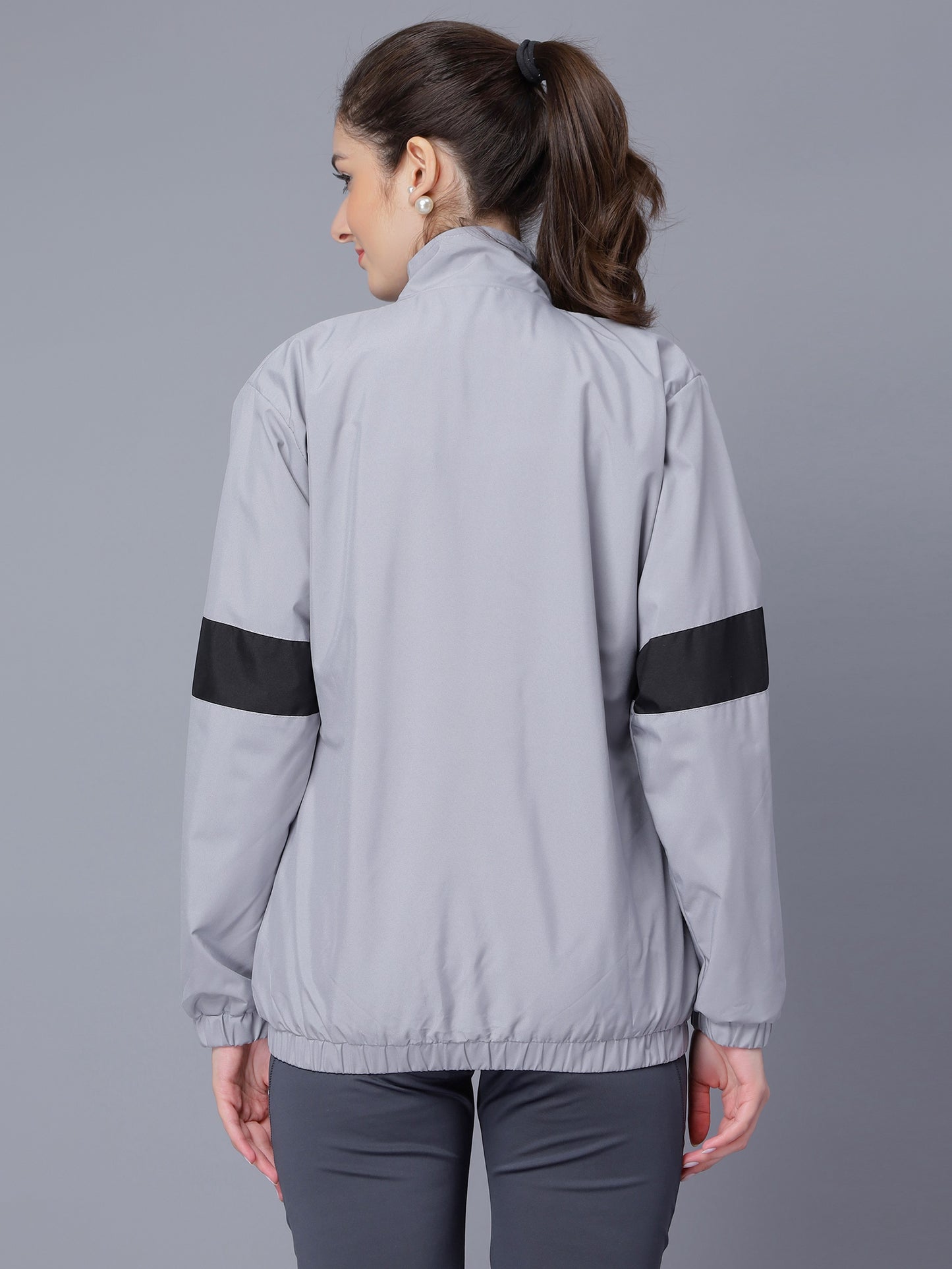 NUEVOSDAMAS Women Solid Grey Stripes Bomber Jacket