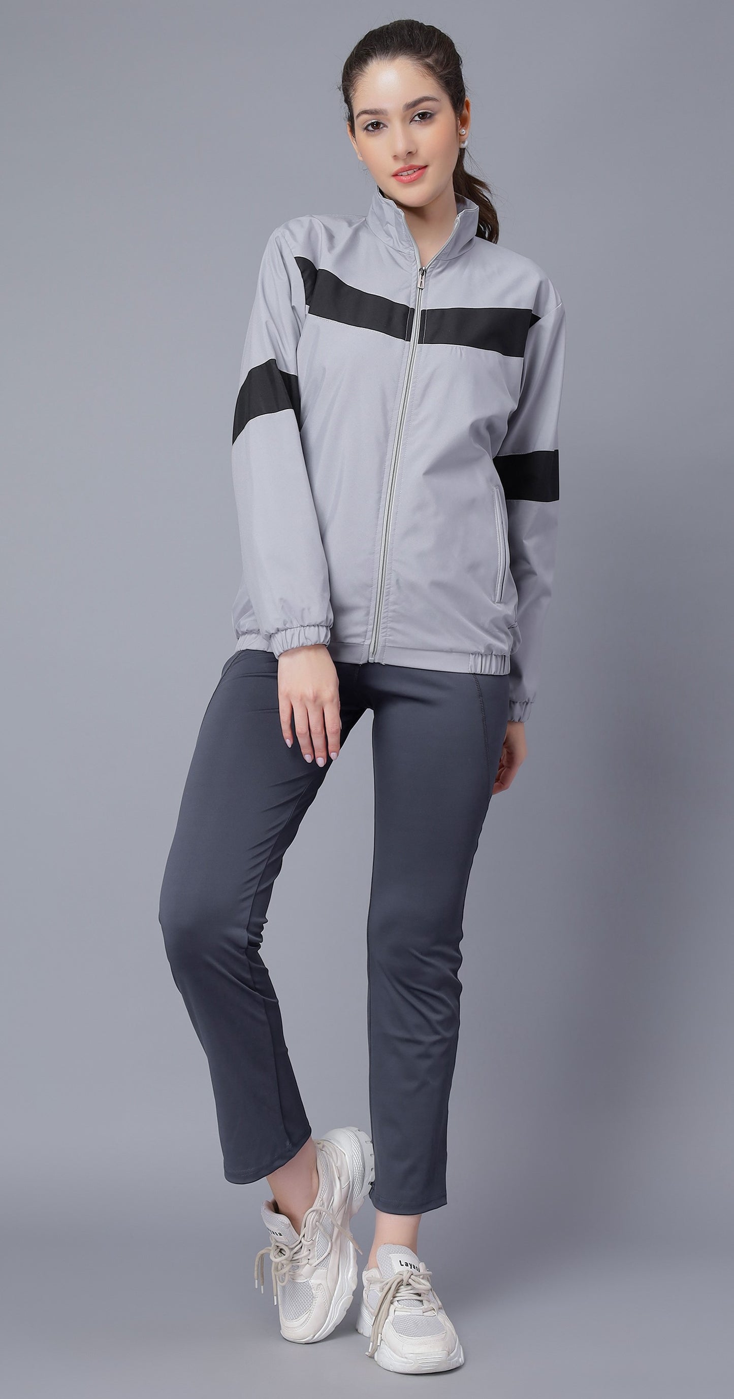 NUEVOSDAMAS Women Solid Grey Stripes Bomber Jacket