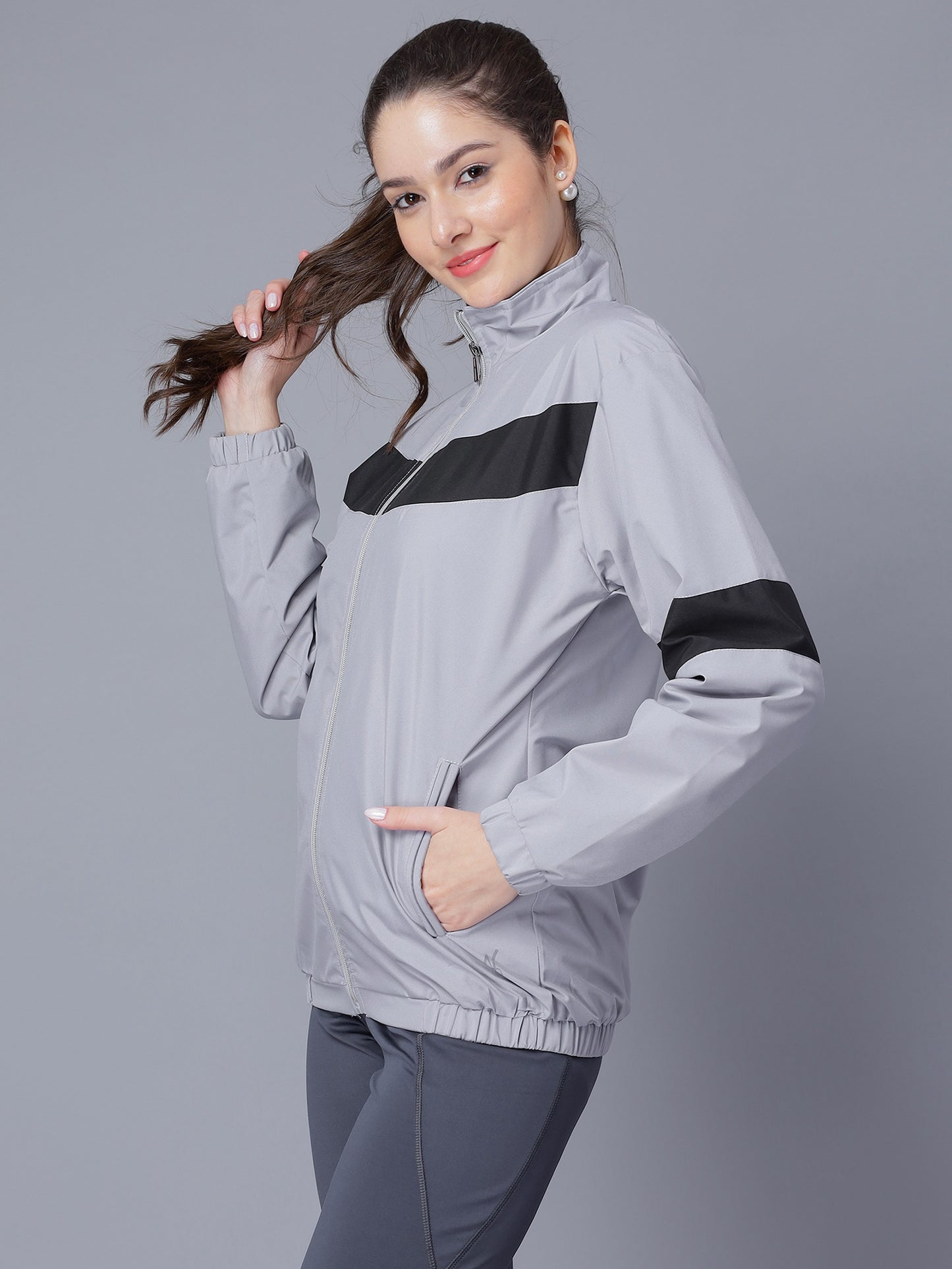 NUEVOSDAMAS Women Solid Grey Stripes Bomber Jacket