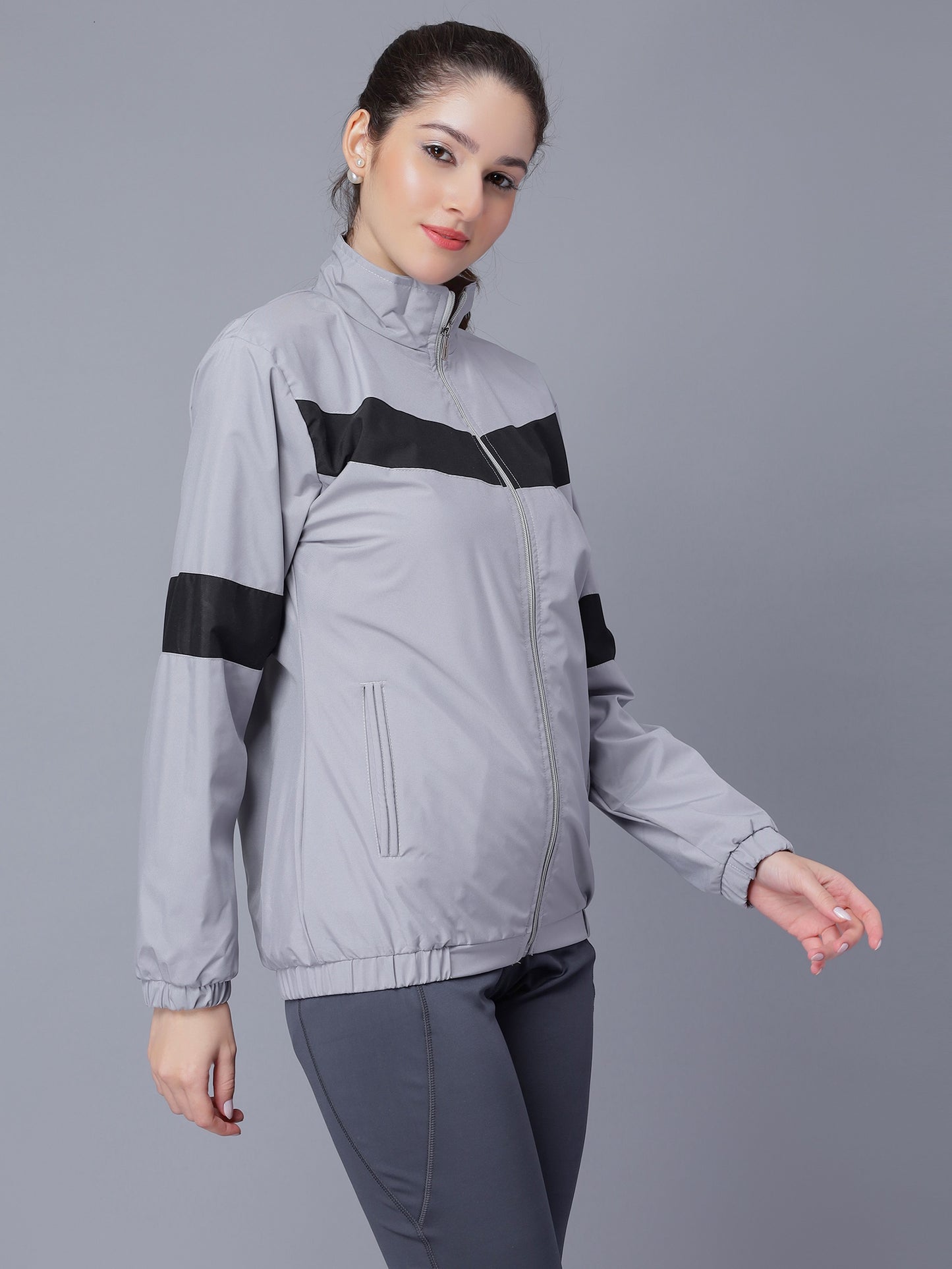 NUEVOSDAMAS Women Solid Grey Stripes Bomber Jacket