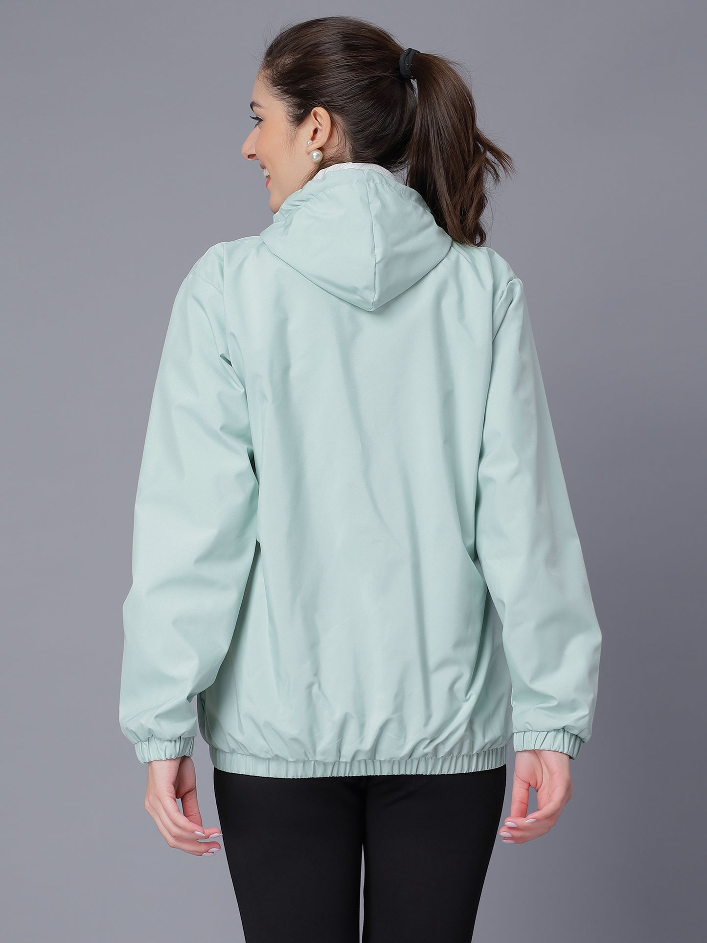 NUEVOSDAMAS Women Solid Aqua Hooded Bomber Jacket