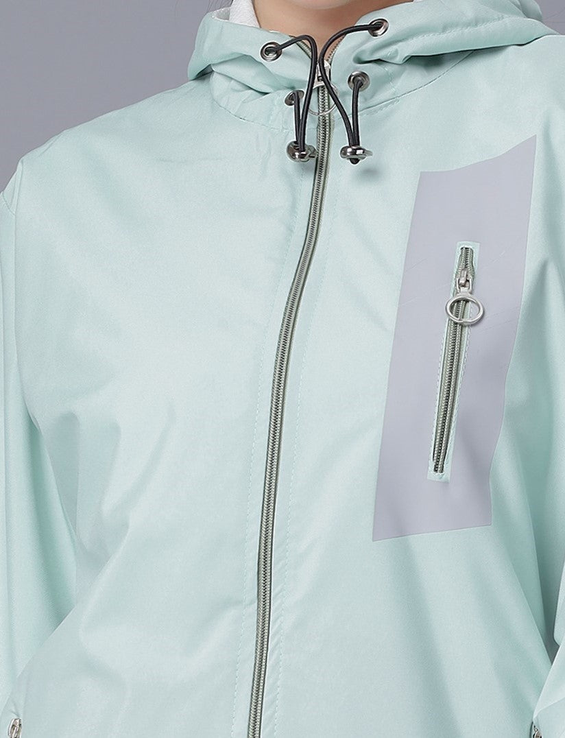 NUEVOSDAMAS Women Solid Aqua Hooded Bomber Jacket