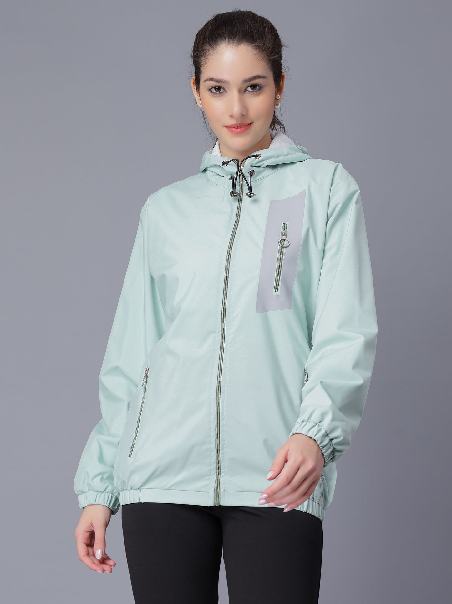 NUEVOSDAMAS Women Solid Aqua Hooded Bomber Jacket