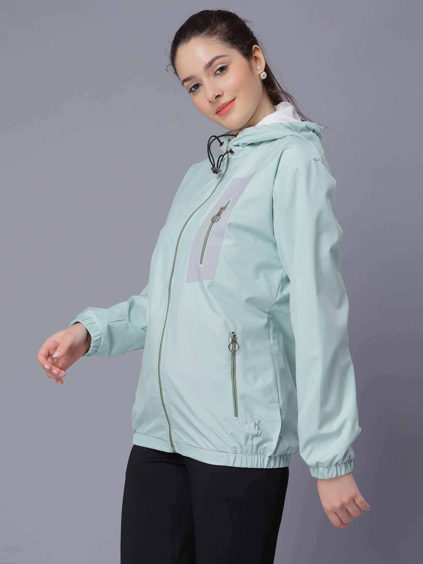 NUEVOSDAMAS Women Solid Aqua Hooded Bomber Jacket