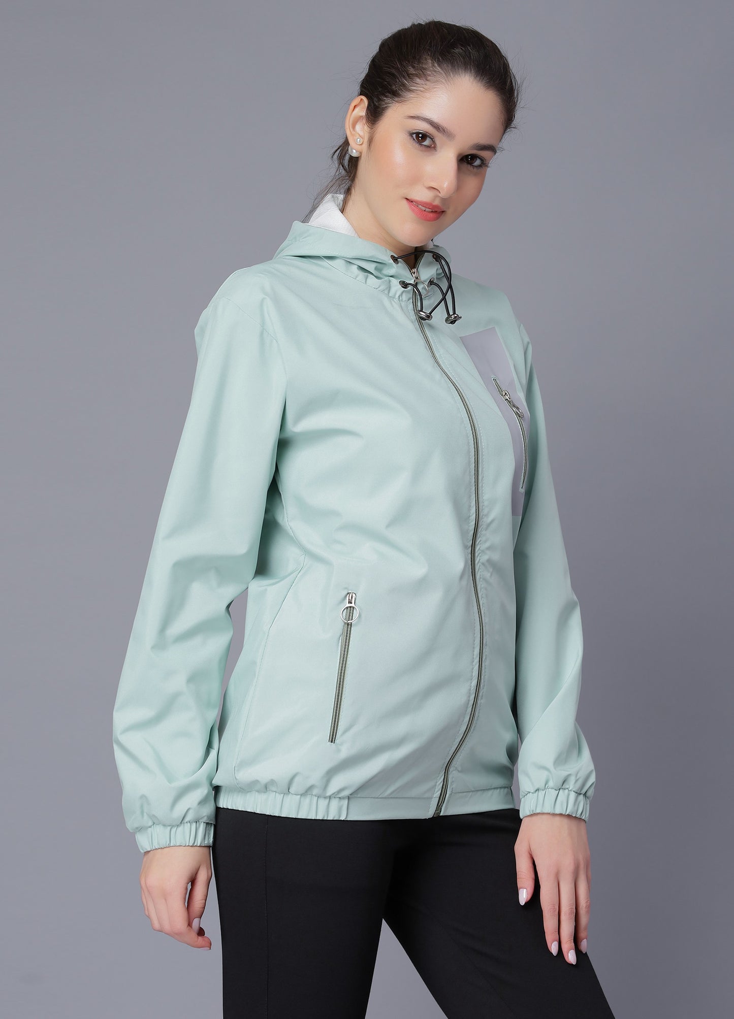 NUEVOSDAMAS Women Solid Aqua Hooded Bomber Jacket
