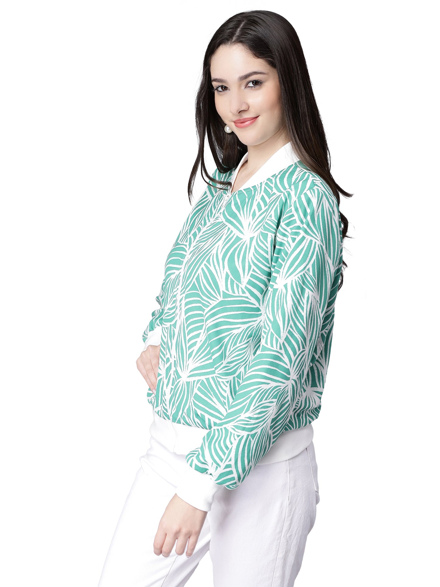 NUEVOSDAMAS Women Leaf Printed Green & White Bomber Jacket