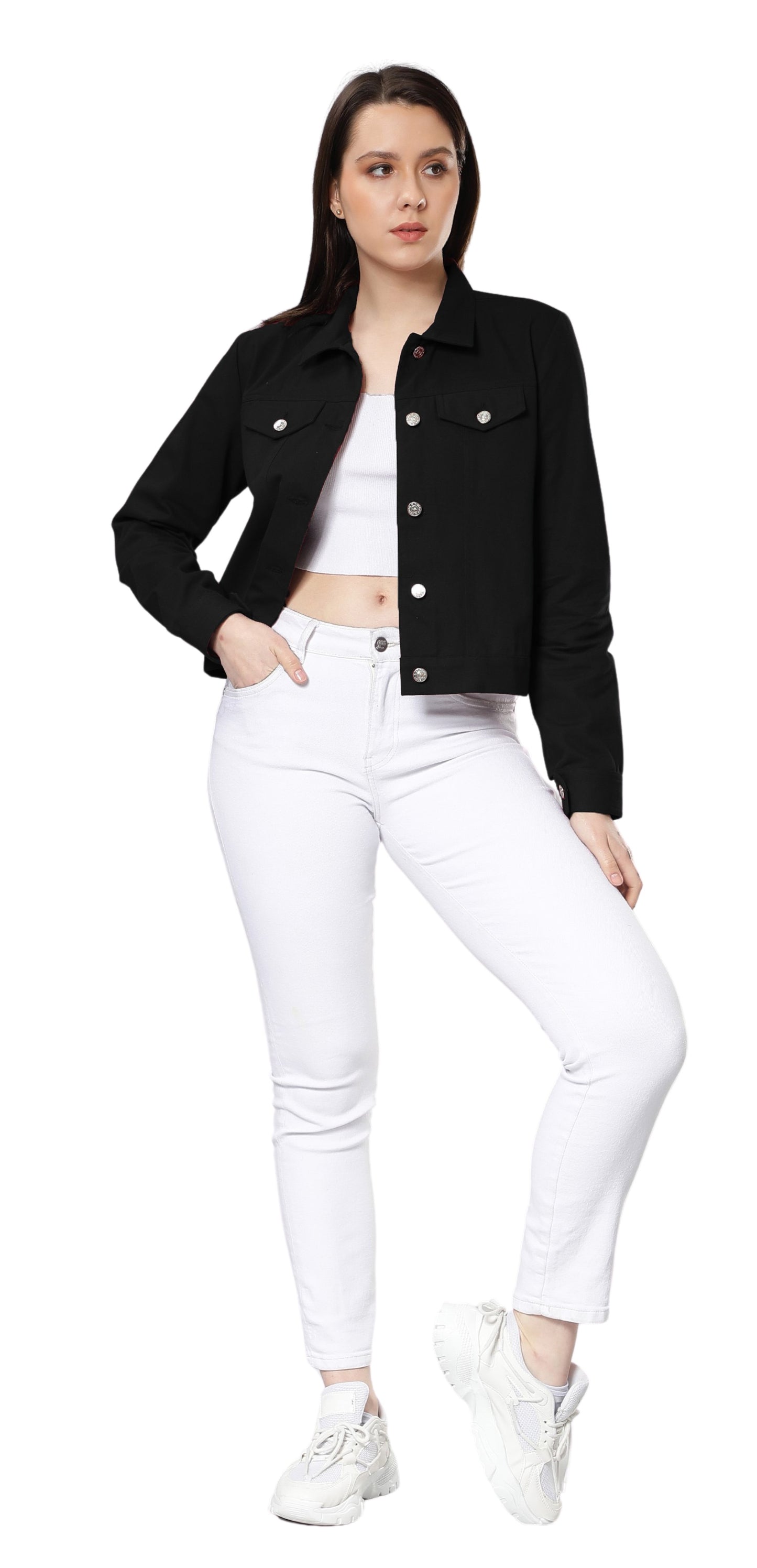 NUEVOSDAMAS Women Solid Black Cotton Denim Jacket