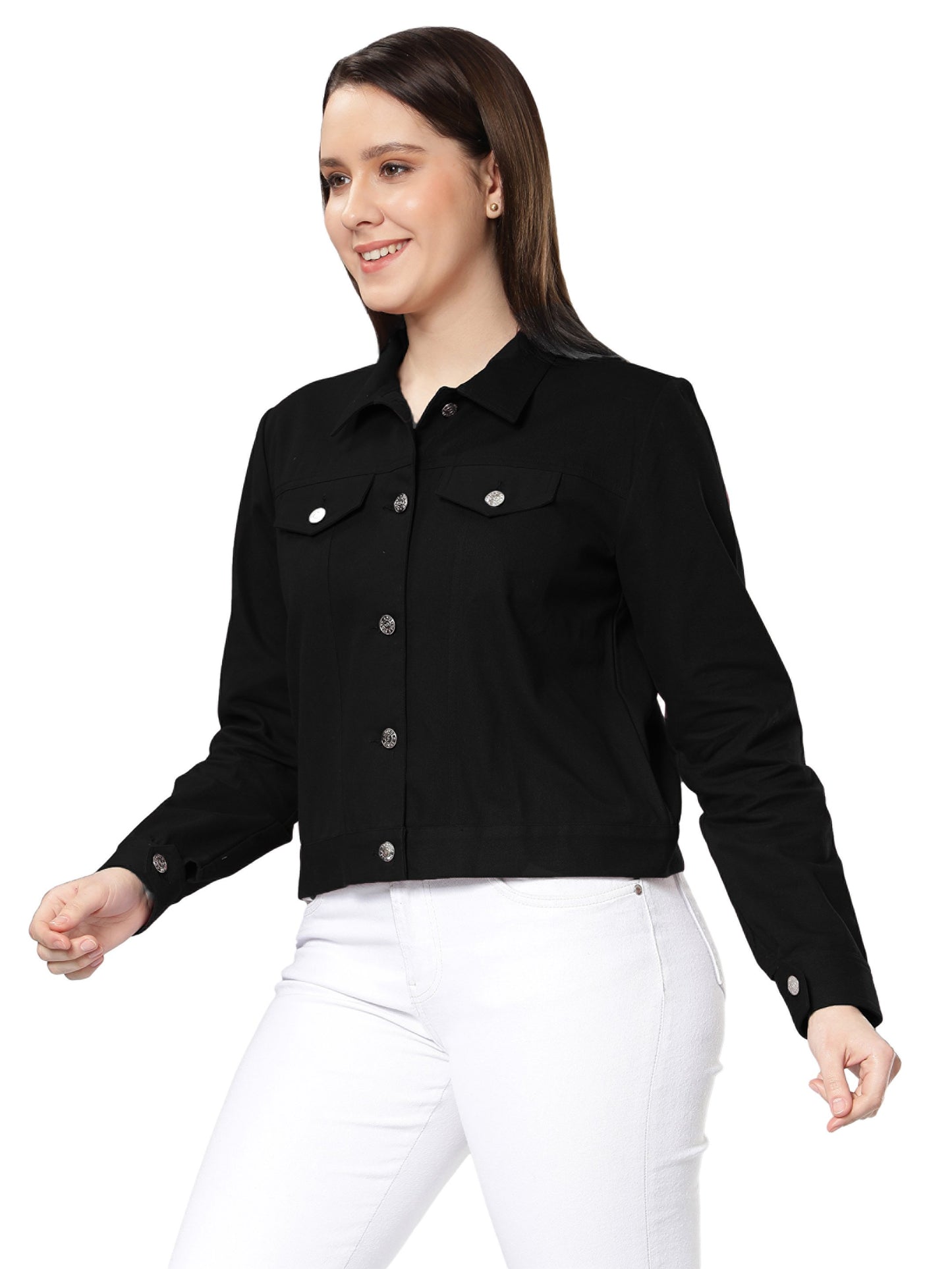 NUEVOSDAMAS Women Solid Black Cotton Denim Jacket