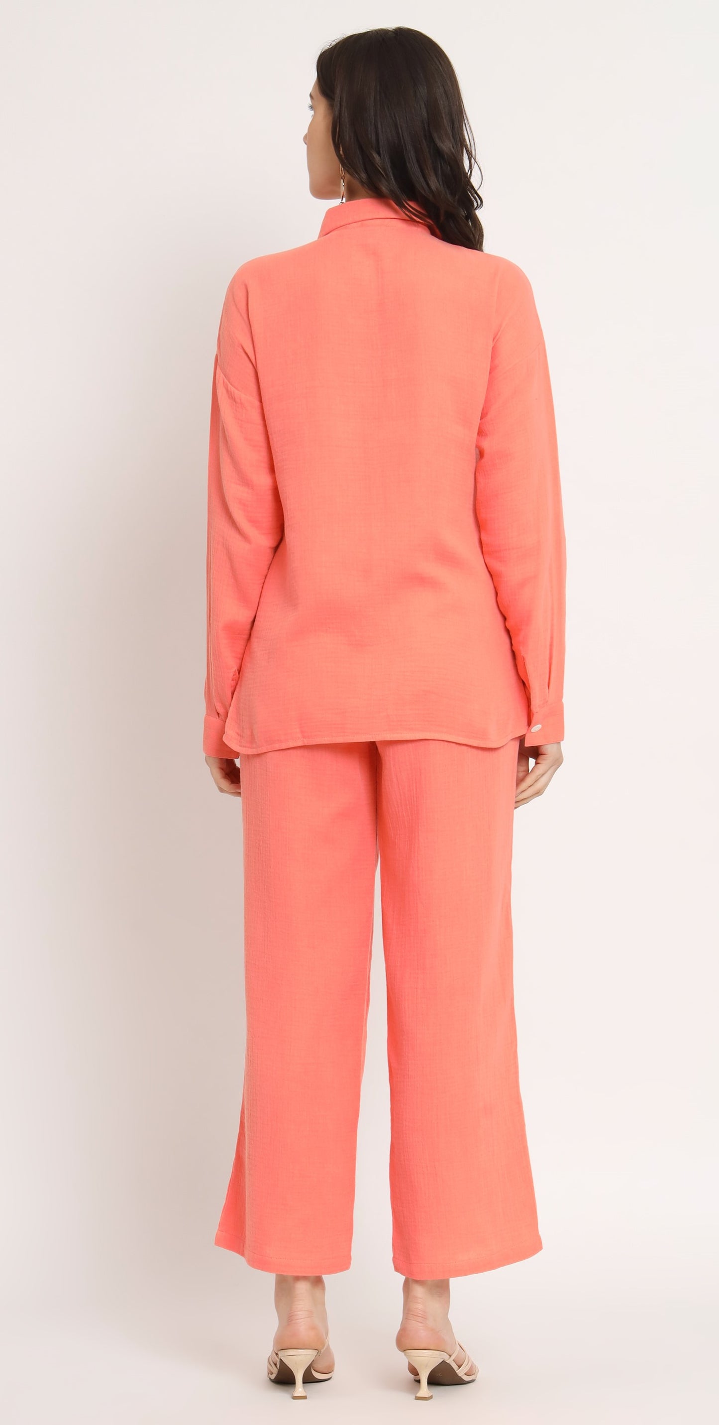 NUEVOSDAMAS Women Pure Cotton Muslin Solid Peach Shirt & Trousers co-ord Set