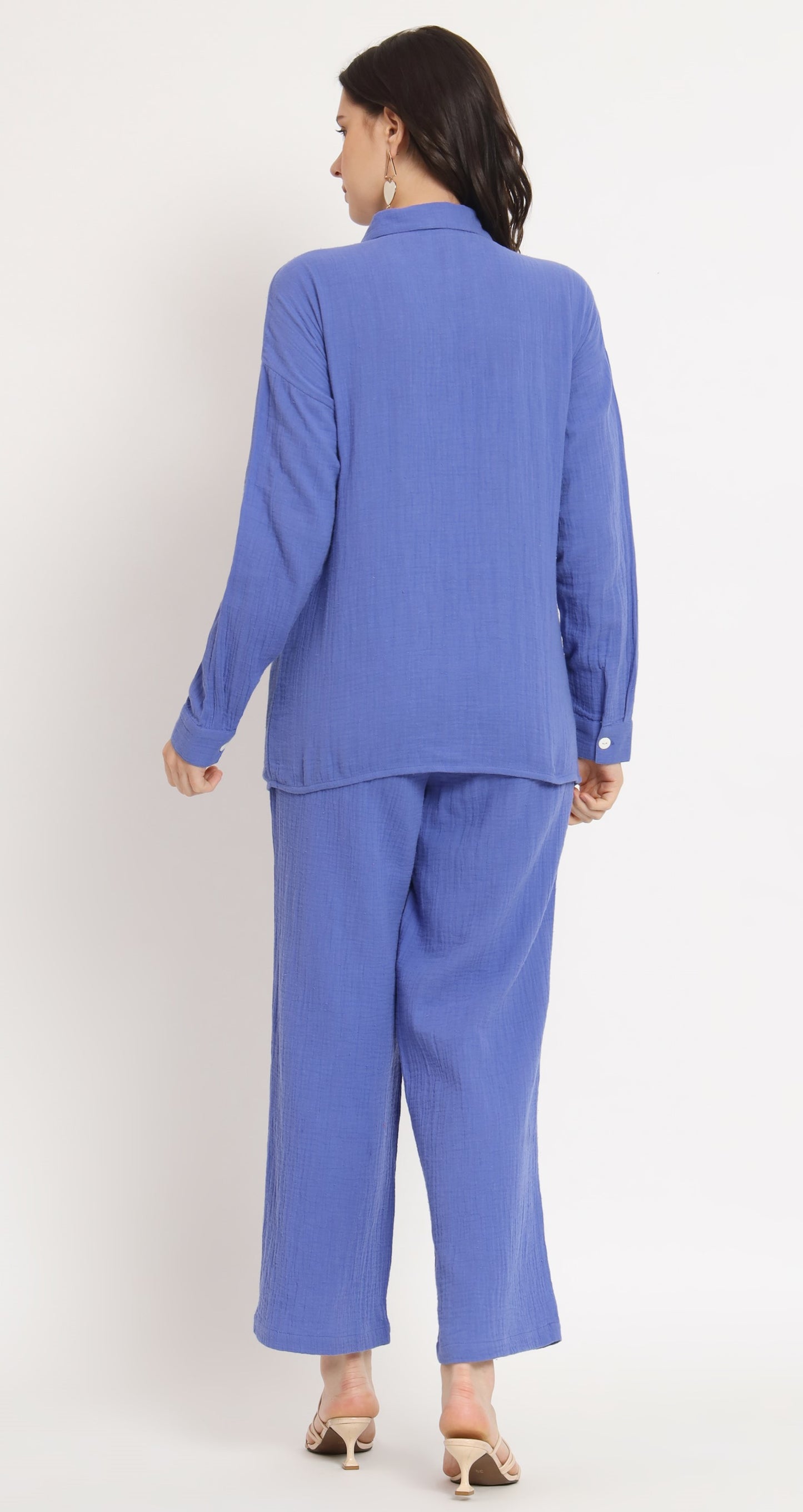 NUEVOSDAMAS Women Pure Cotton Muslin Solid Violet Blue Shirt & Trousers co-ord Set