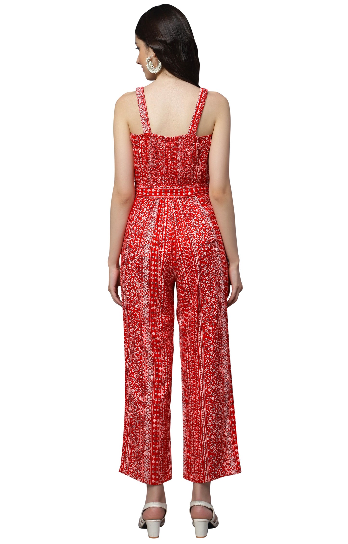 NUEVOSDAMAS Women Rayon Floral Printed Red Sleeveless Jumpsuit