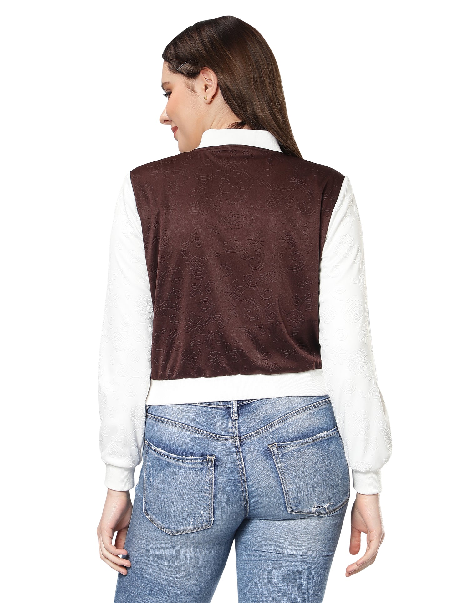 NUEVOSDAMAS Women Brown Floral Embossed Printed Varsity Jacket