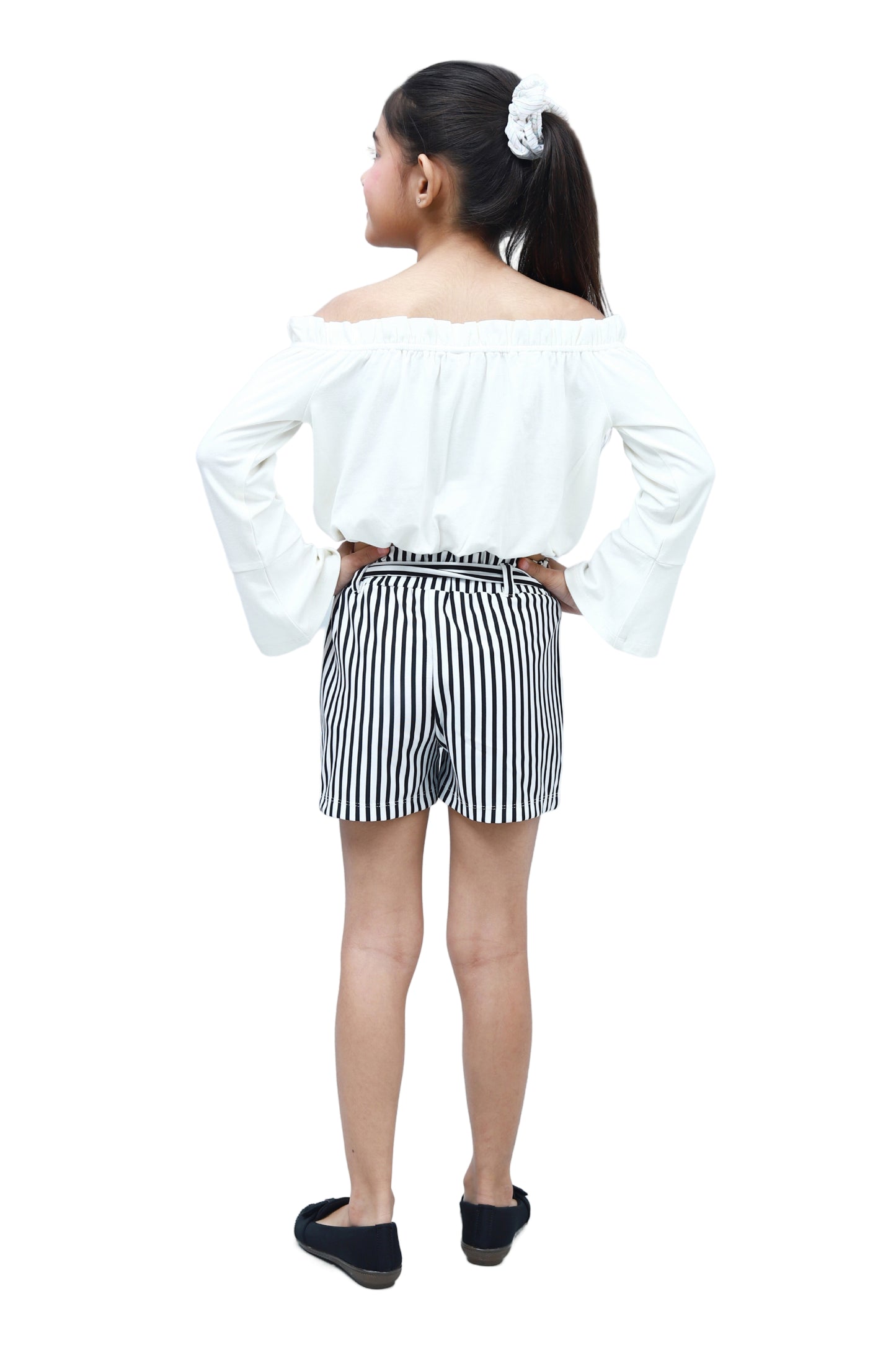 NUEVOSKIDDOS Pure Cotton Solid White Bell Sleeves Top & Stripes Printed Shorts Set for Kids