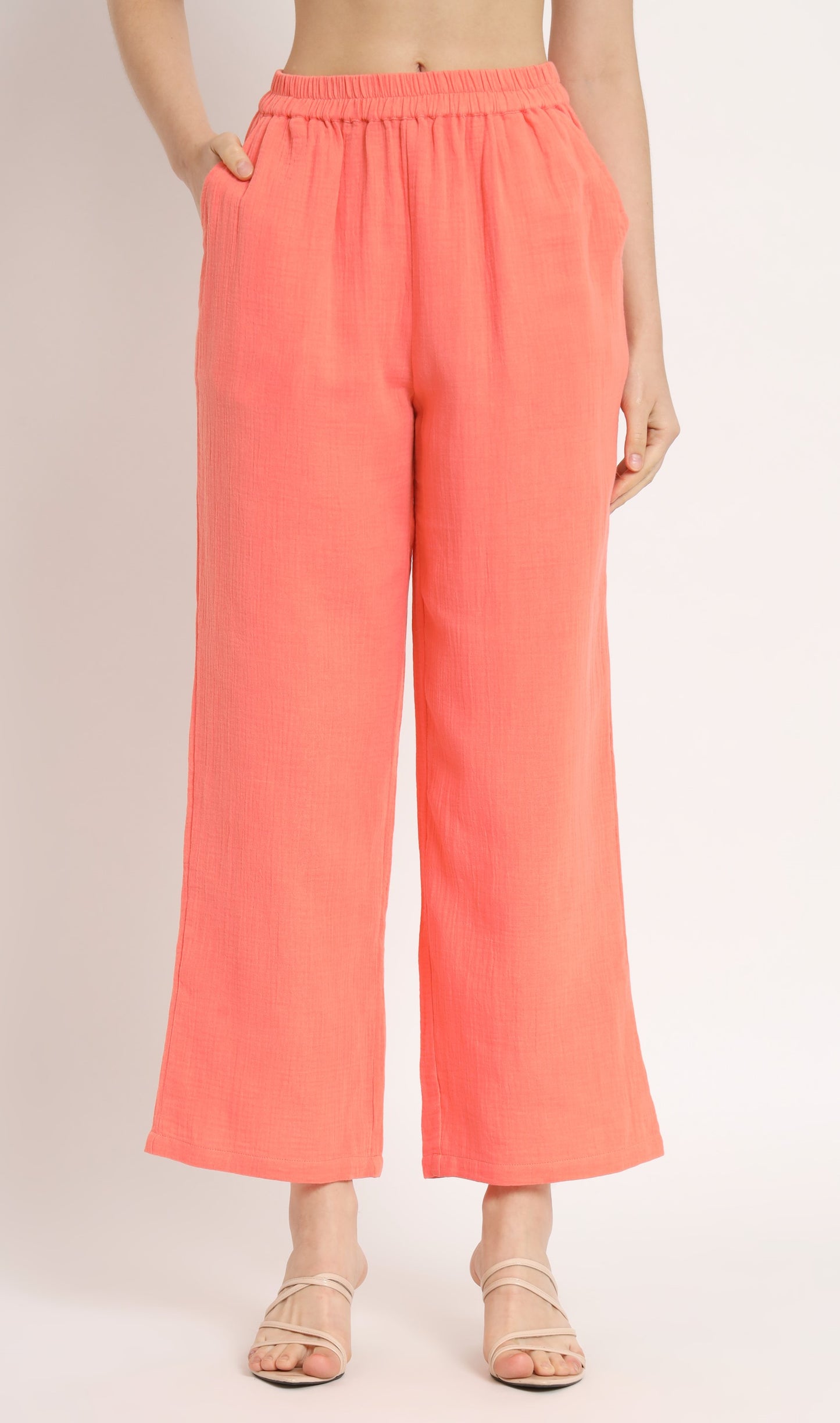 NUEVOSDAMAS Women Pure Cotton Muslin Solid Peach Shirt & Trousers co-ord Set