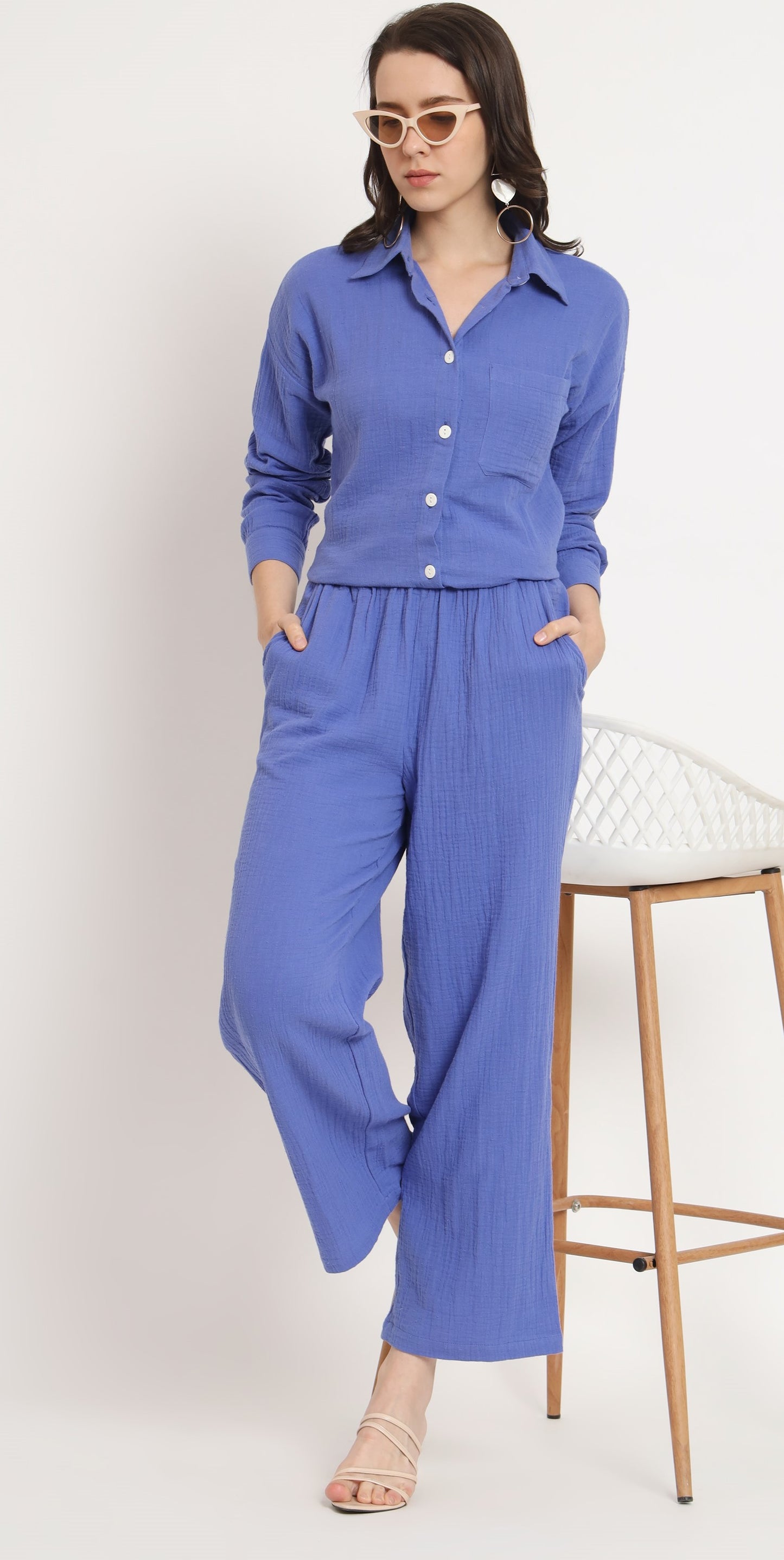 NUEVOSDAMAS Women Pure Cotton Muslin Solid Violet Blue Shirt & Trousers co-ord Set