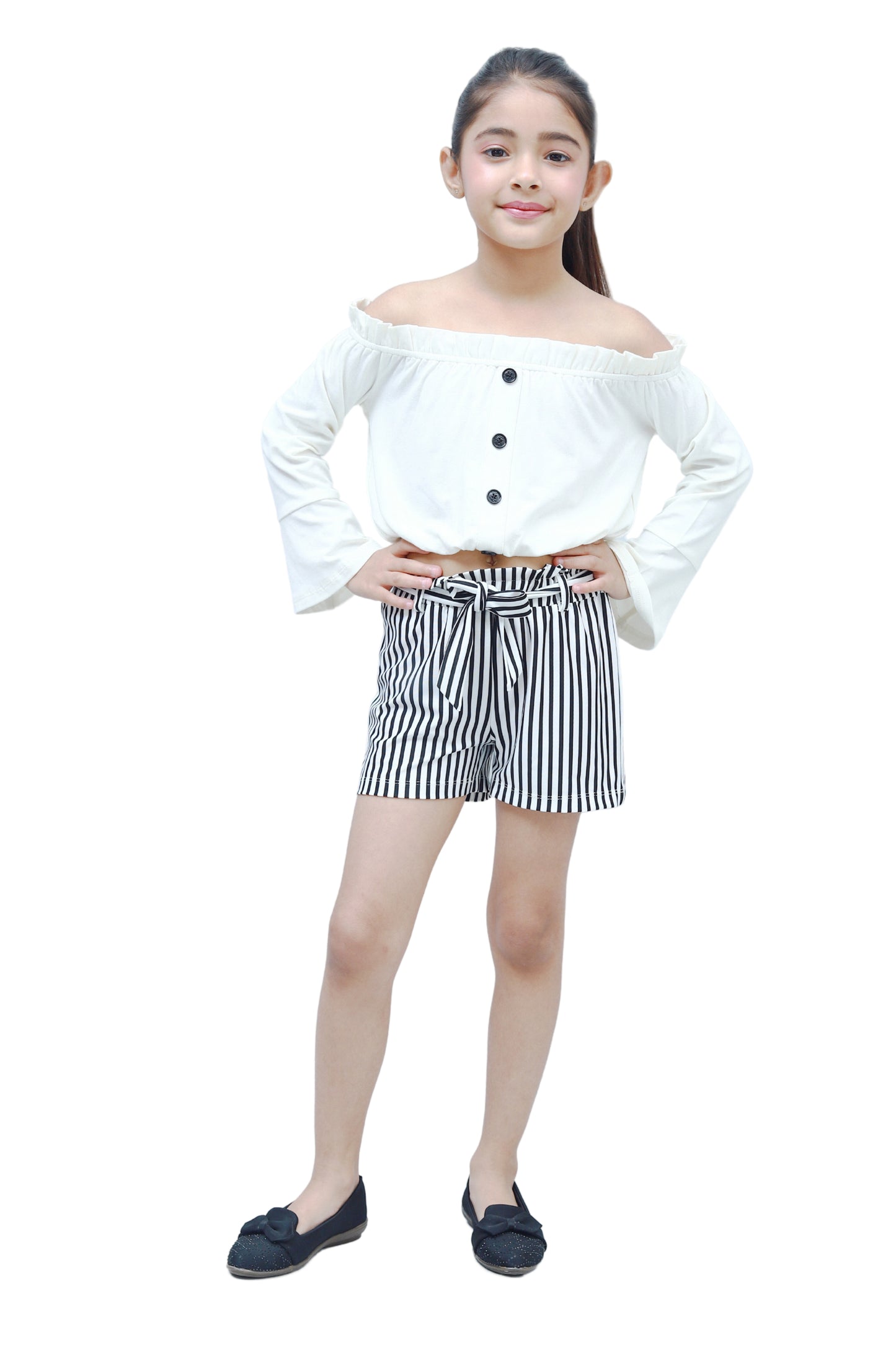 NUEVOSKIDDOS Pure Cotton Solid White Bell Sleeves Top & Stripes Printed Shorts Set for Kids