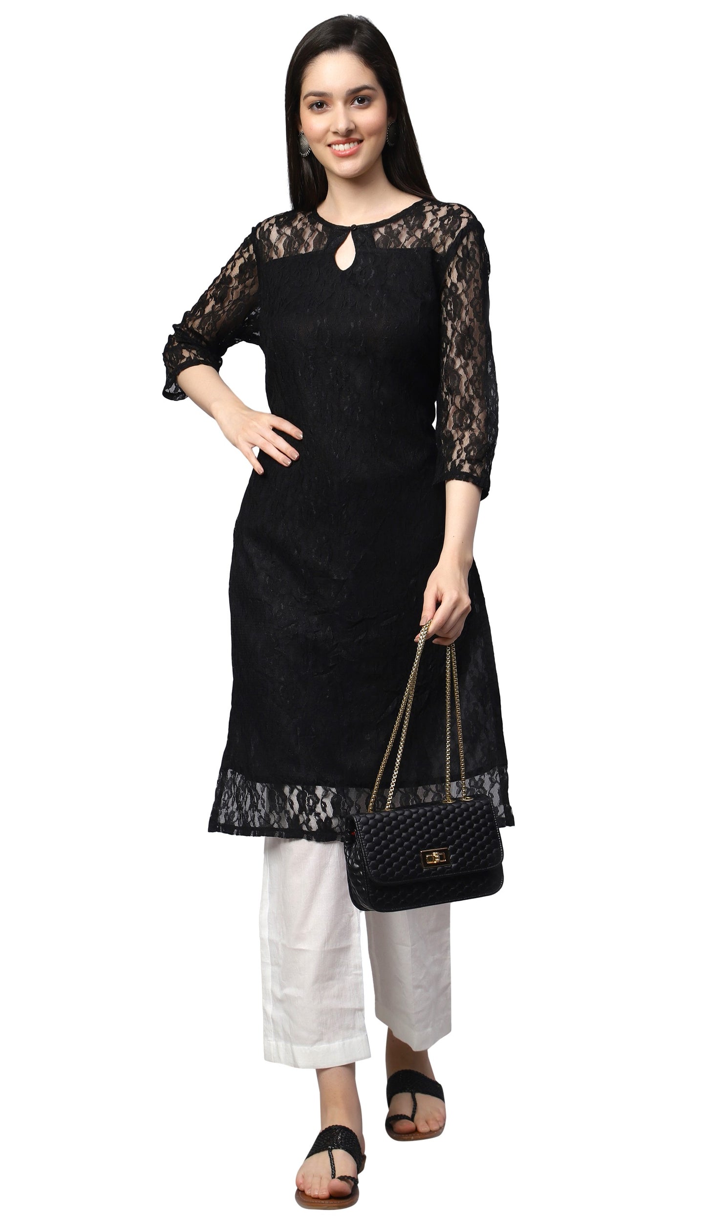 NUEVOSDAMAS Women Floral Lace Net Self Design Black Kurti