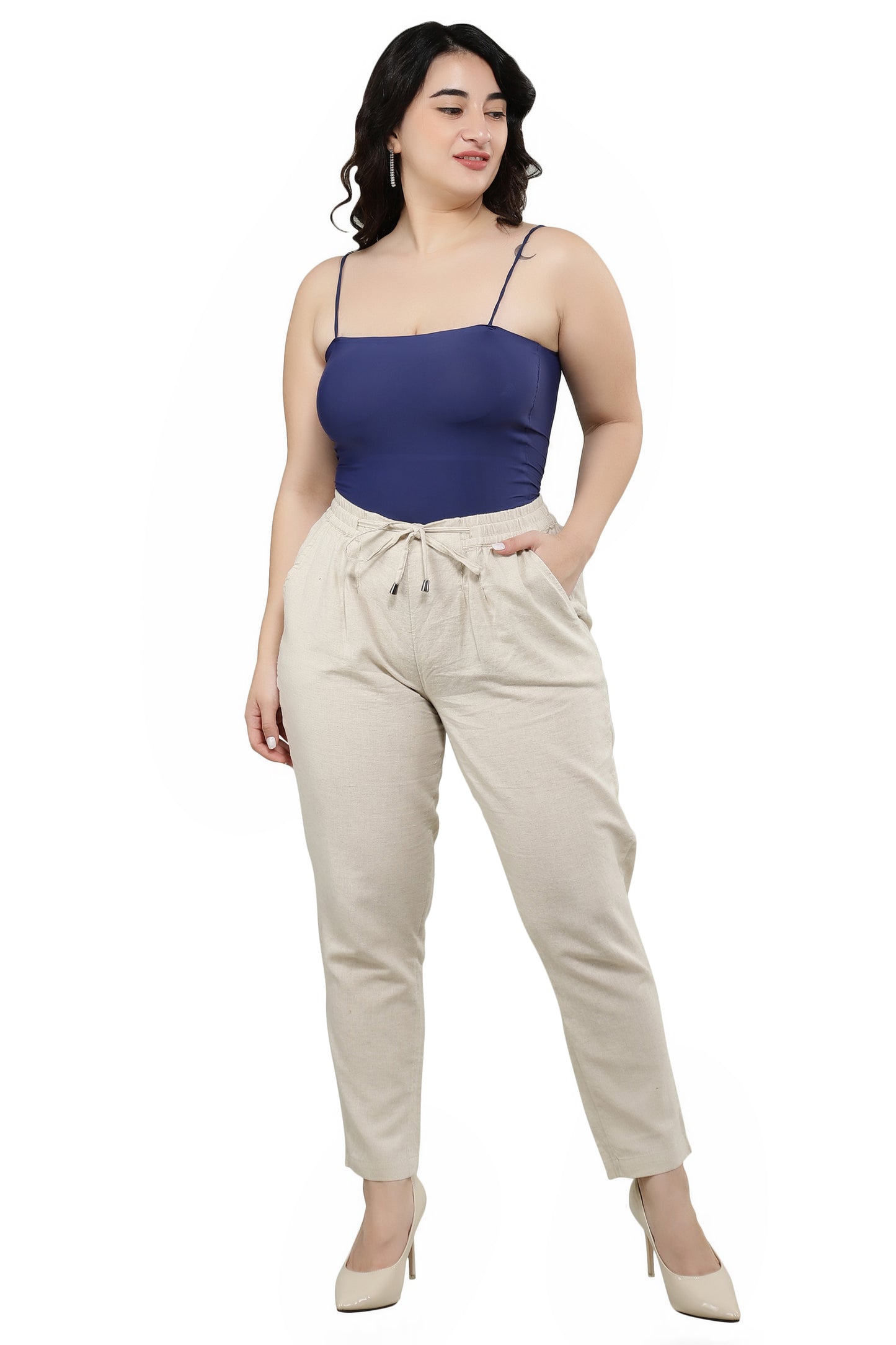 NUEVOSDAMAS Women Regular Fit Cotton Blend Beige Trousers