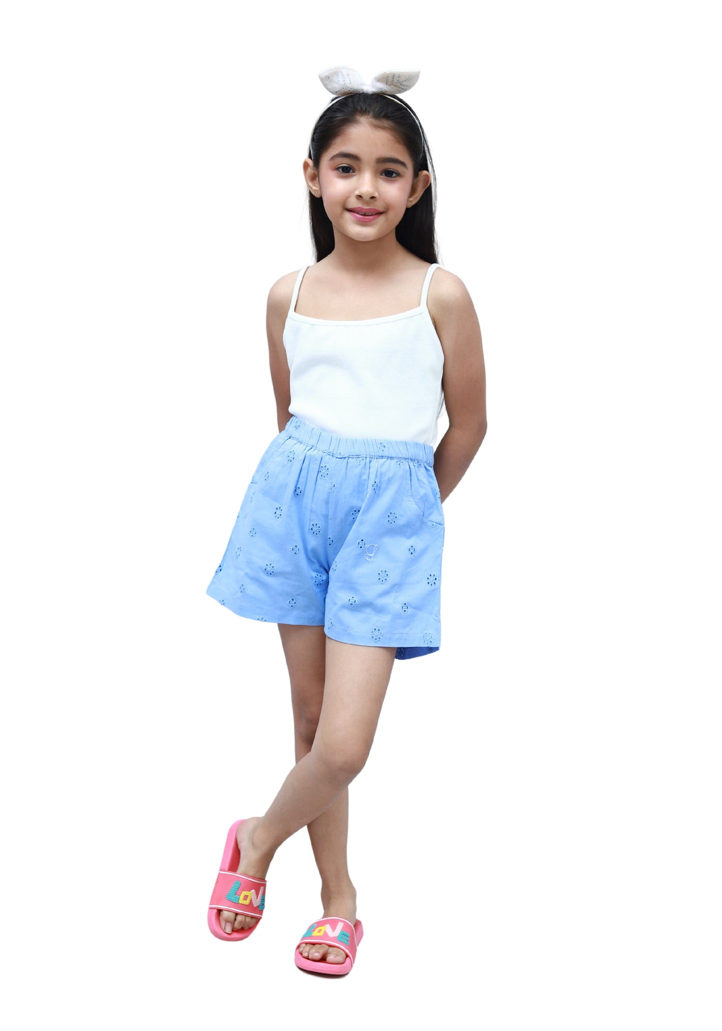 NUEVOSKIDDOS Kids Girls Cotton Solid Shorts with Waist Braided Knot | Kids Girls Shorts | Elasticated Waist Shorts for Girls
