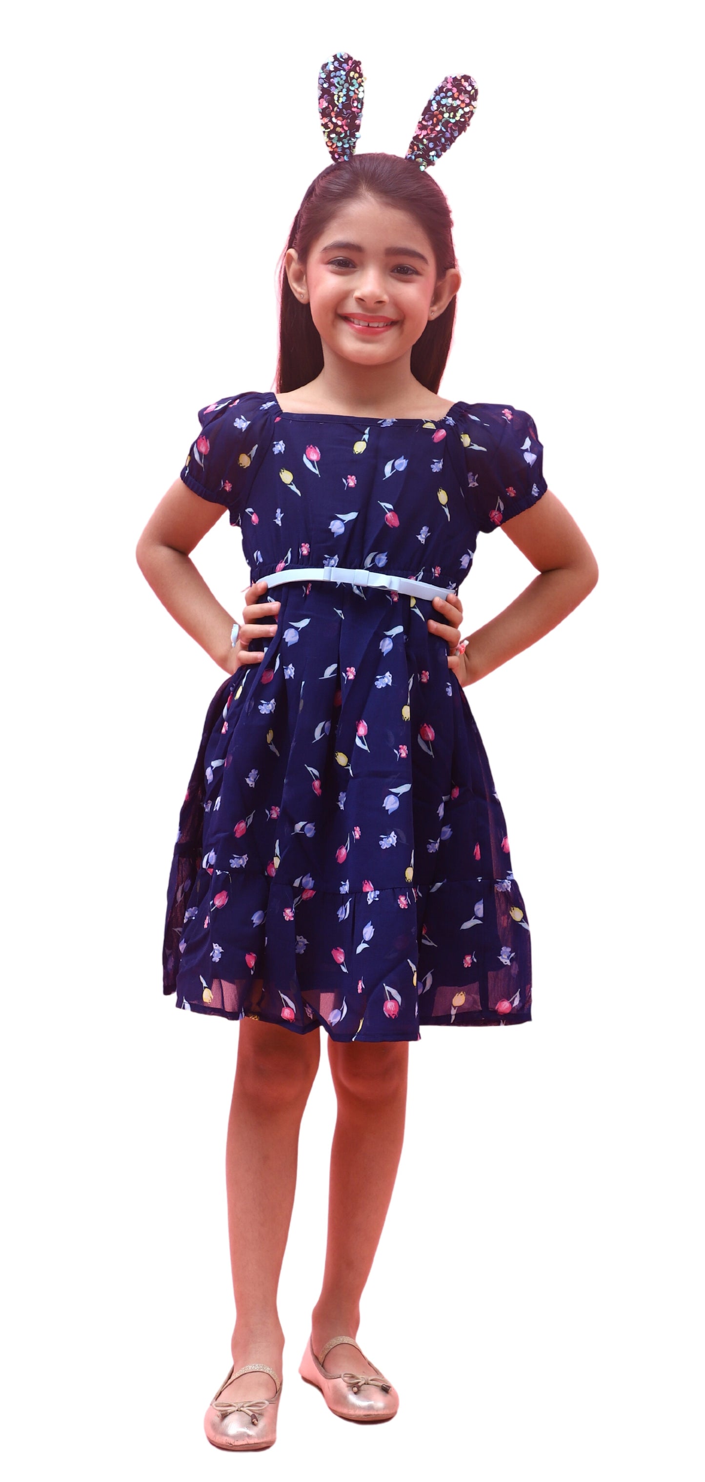 NUEVOSKIDDOS Kids Floral Printed Puff Sleeves Georgette Frock with Adjustable Belt for Girl Navy Blue