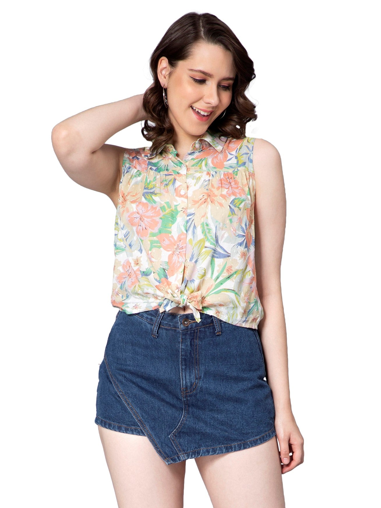 NUEVOSDAMAS Women Cotton Dobby Floral Printed Front Knot Multi/Orange Sleeveless Shirt