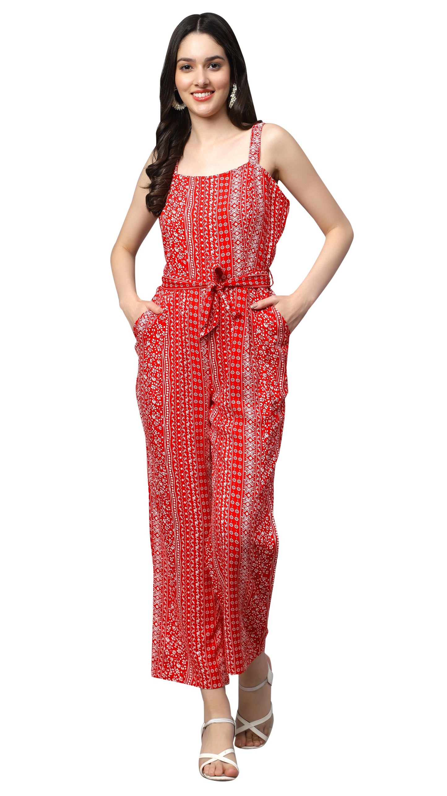 NUEVOSDAMAS Women Rayon Floral Printed Red Sleeveless Jumpsuit