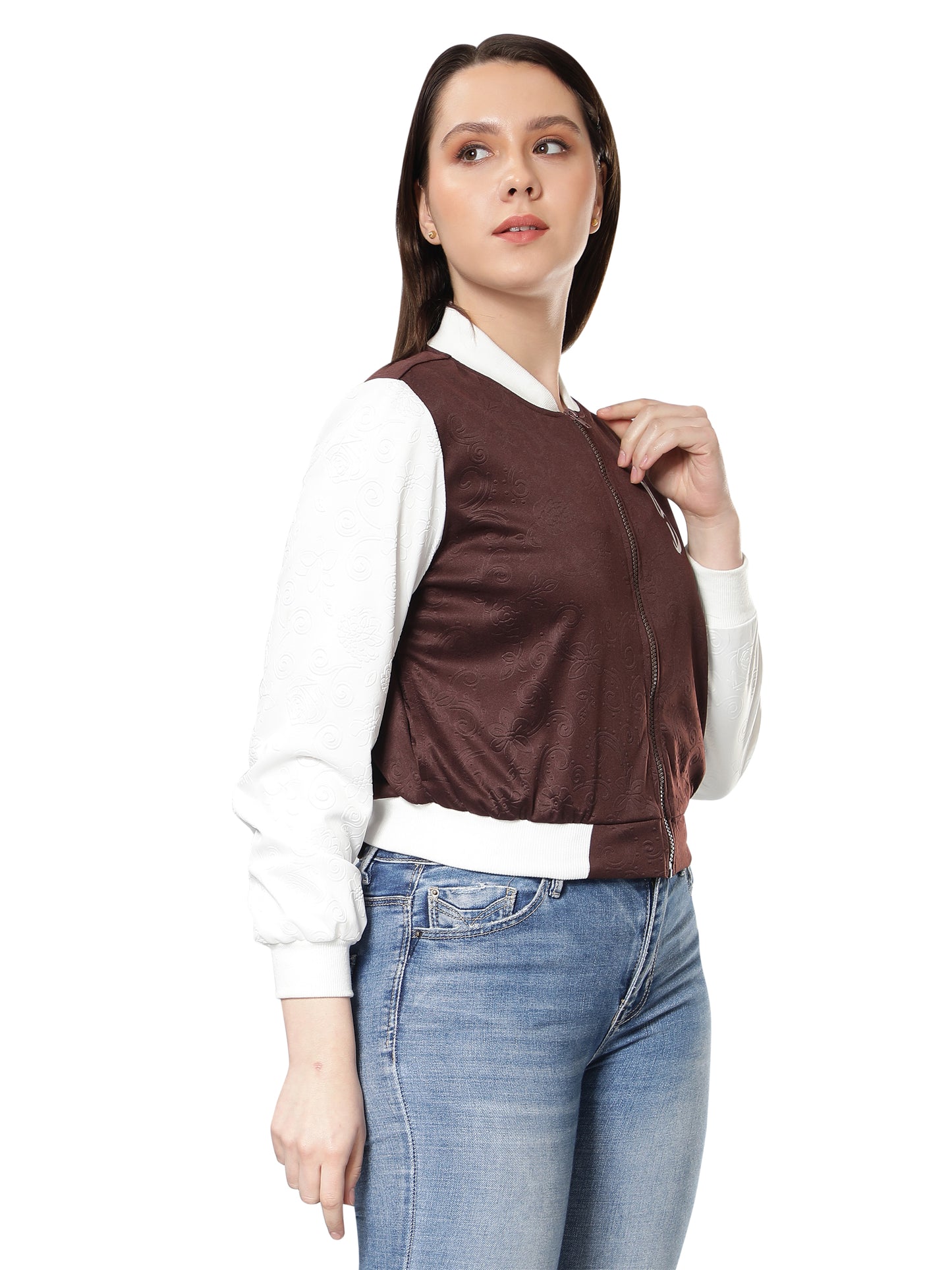 NUEVOSDAMAS Women Brown Floral Embossed Printed Varsity Jacket
