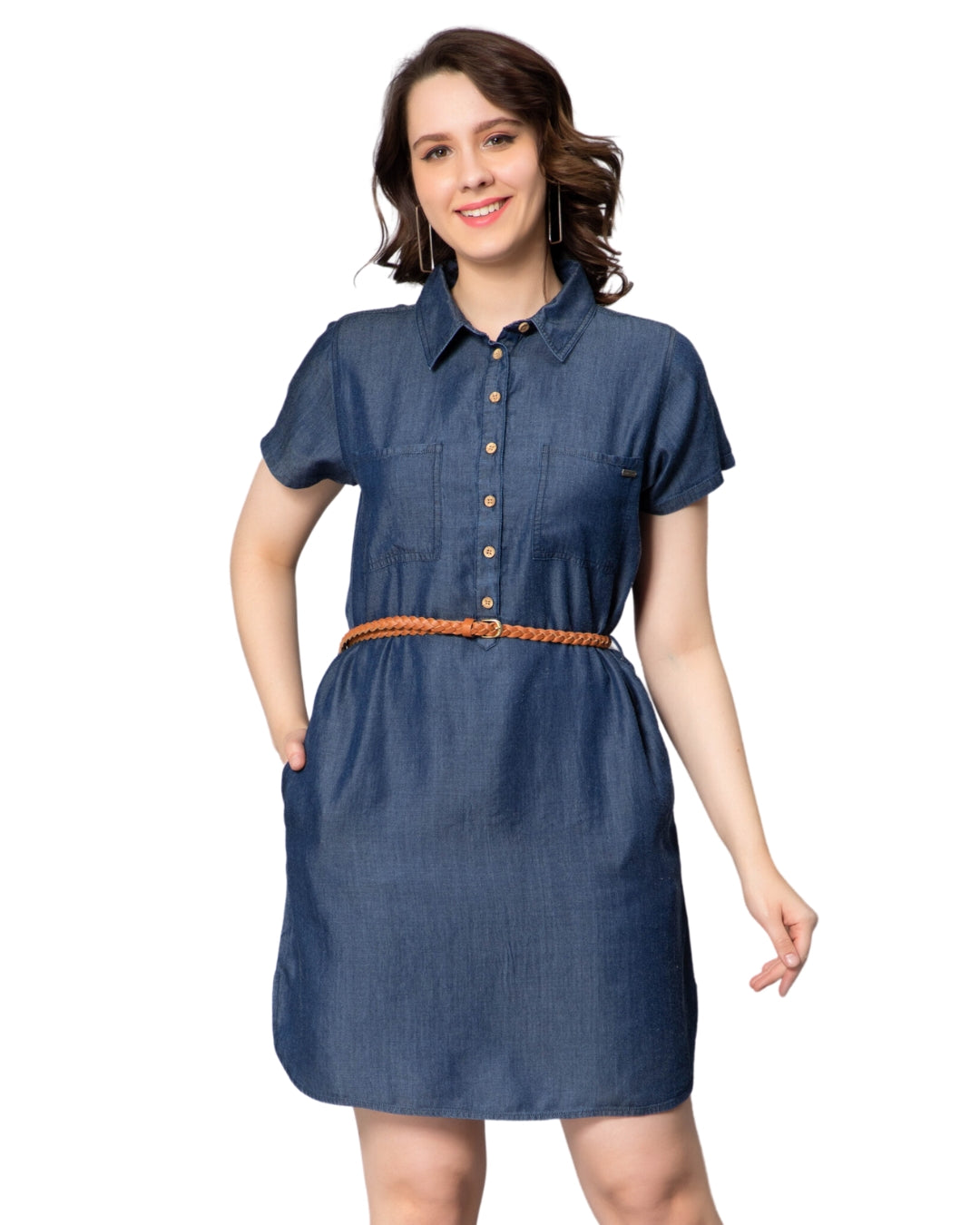 NUEVOSDAMAS Women Denim Long Shirt Style Midi Dress Dark Blue