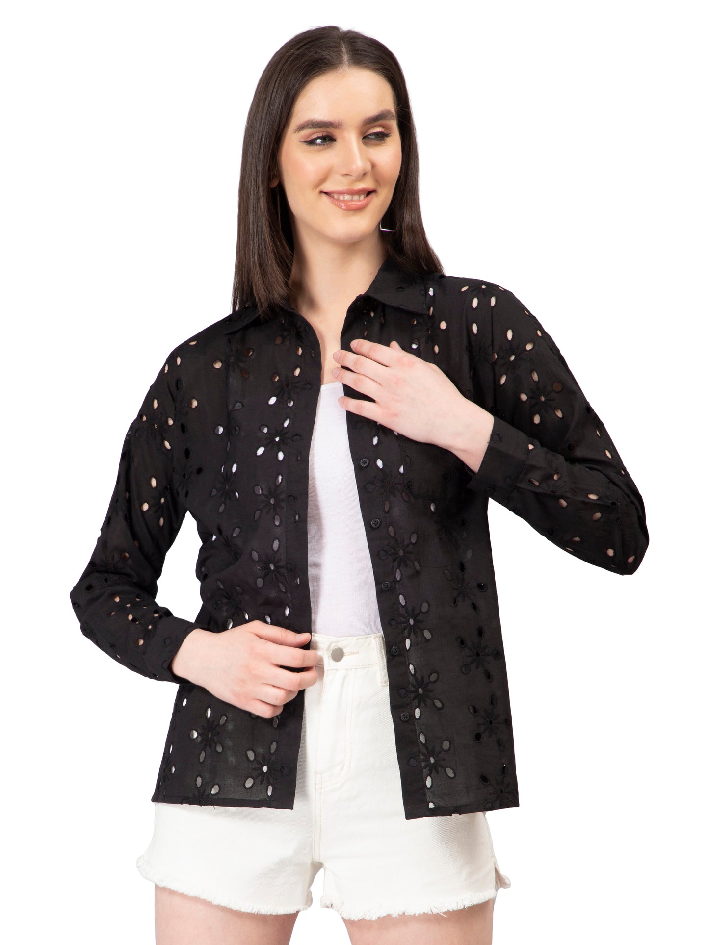 NUEVOSDAMAS Women Pure Cotton Self Design Schiffli Embroidered Shirt Black