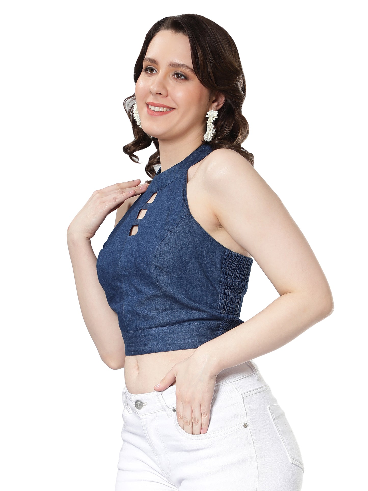 NUEVOSDAMAS Women Denim Halter Neck Crop Top Blue