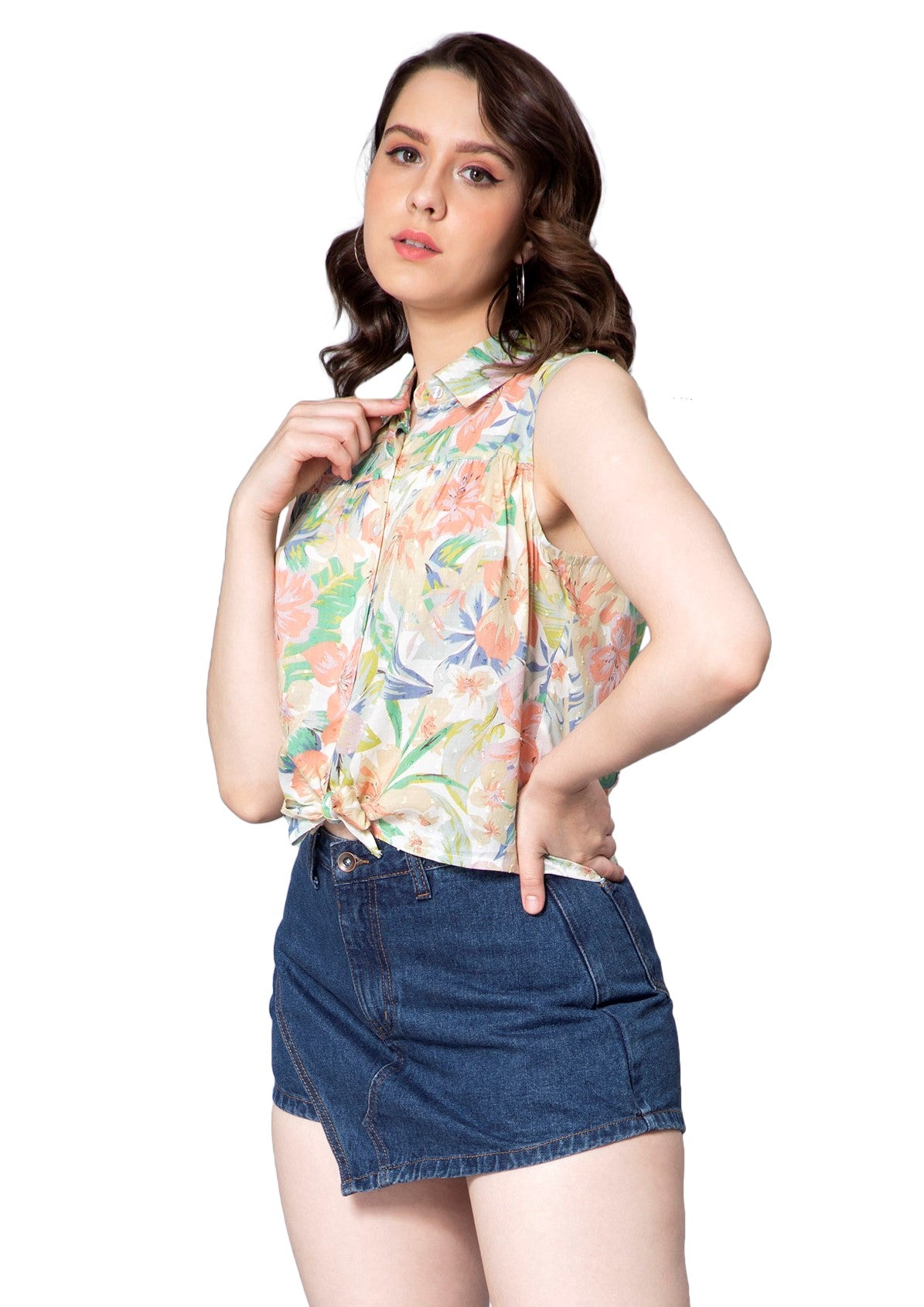 NUEVOSDAMAS Women Cotton Dobby Floral Printed Front Knot Multi/Orange Sleeveless Shirt