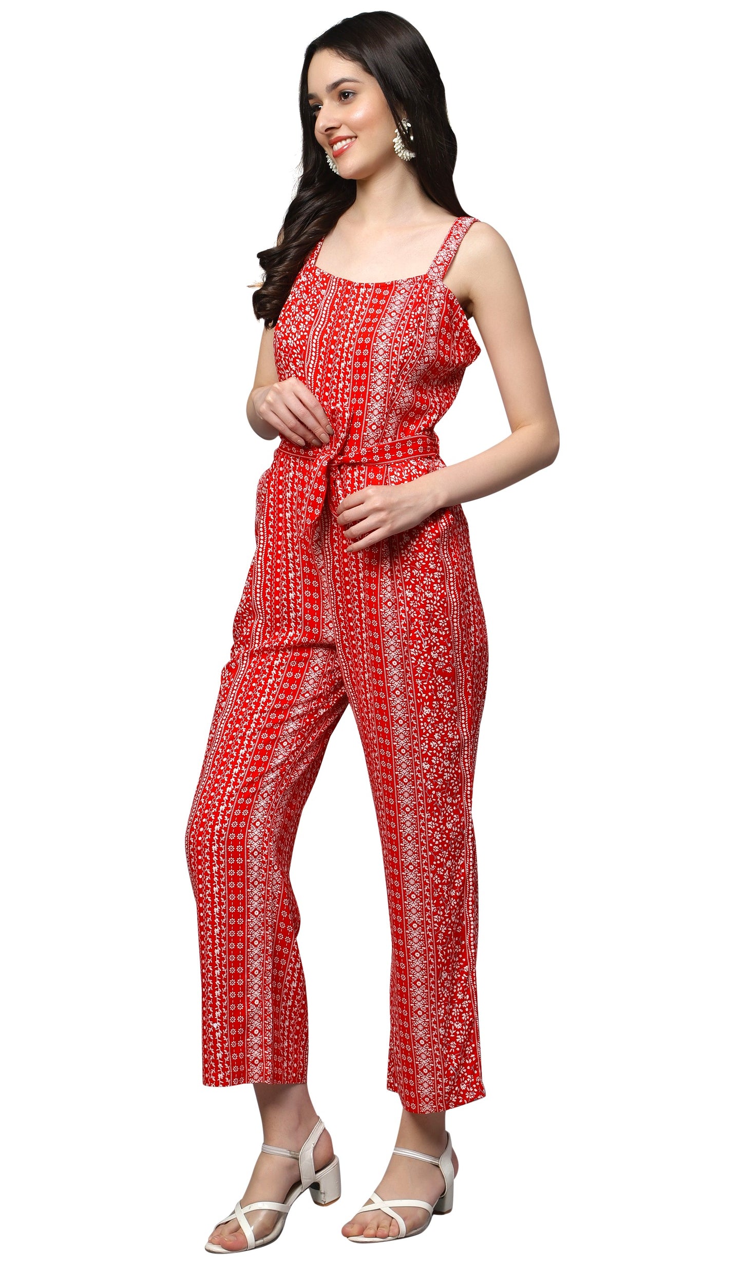 NUEVOSDAMAS Women Rayon Floral Printed Red Sleeveless Jumpsuit