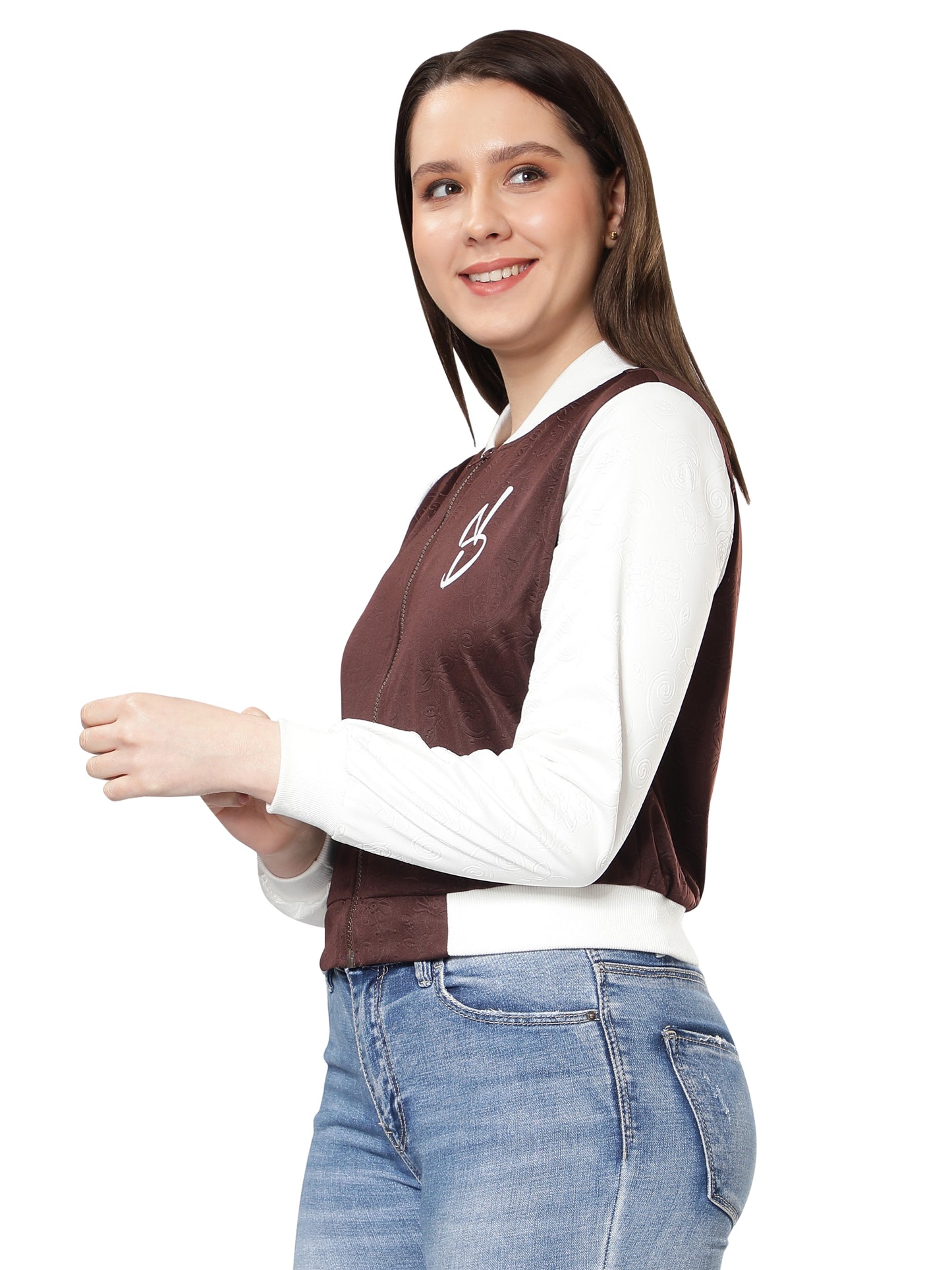 NUEVOSDAMAS Women Brown Floral Embossed Printed Varsity Jacket