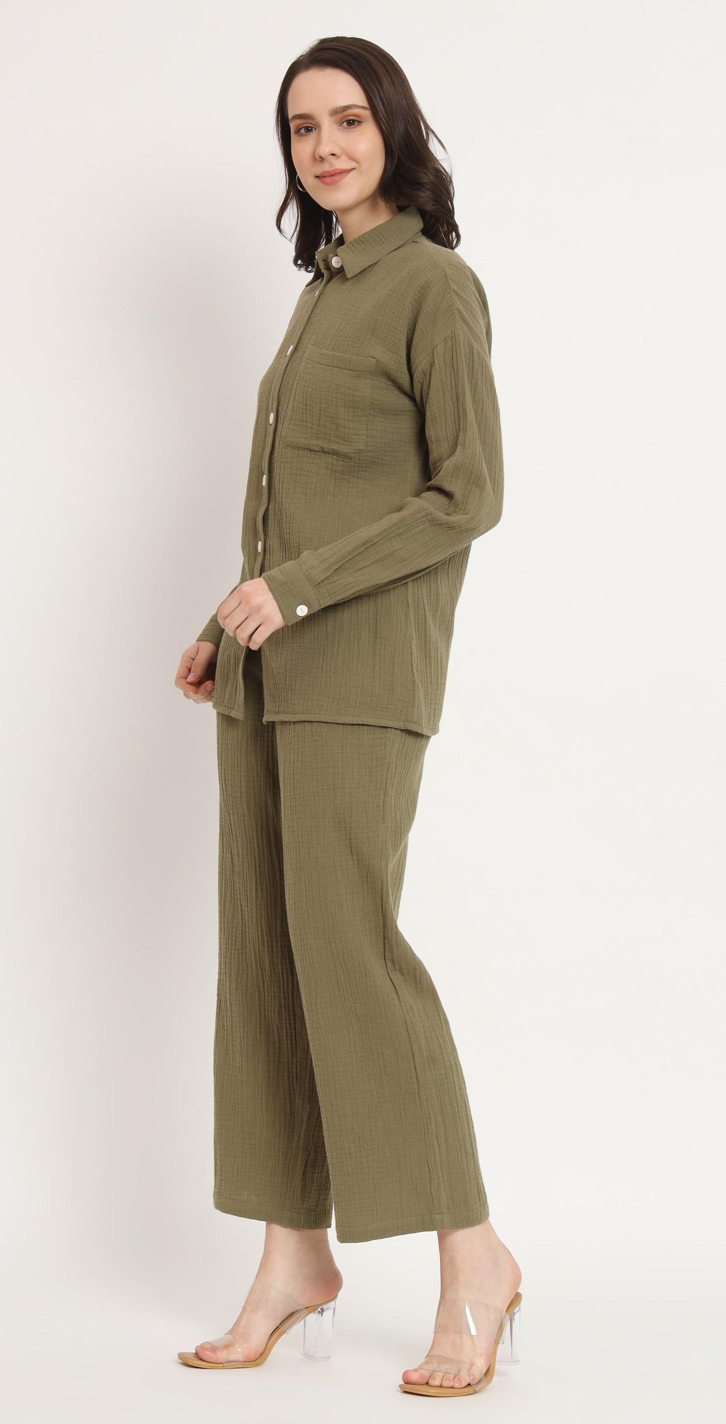 NUEVOSDAMAS Women Pure Cotton Muslin Solid Olive Green Shirt & Trousers co-ord Set