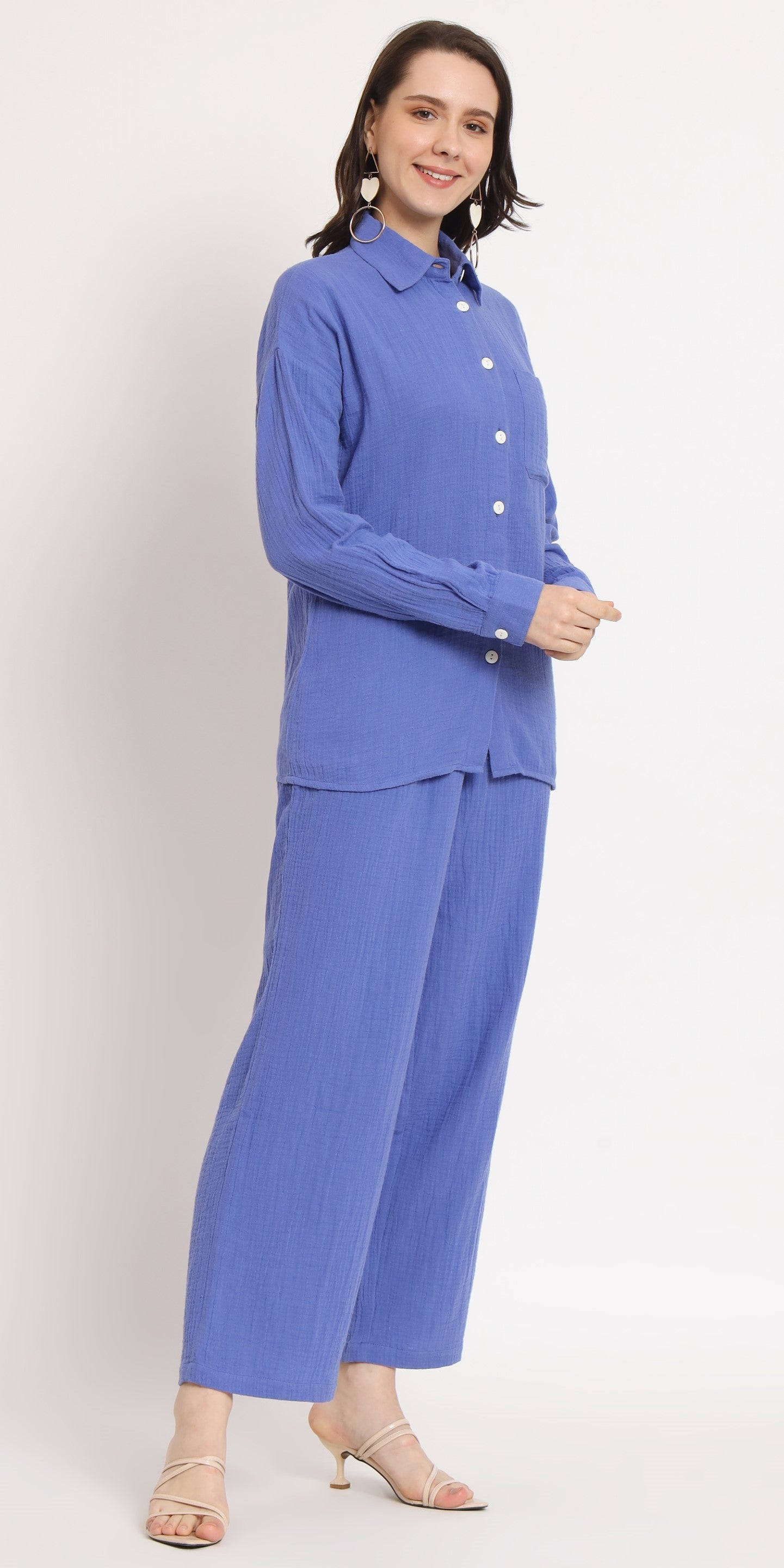 NUEVOSDAMAS Women Pure Cotton Muslin Solid Violet Blue Shirt & Trousers co-ord Set