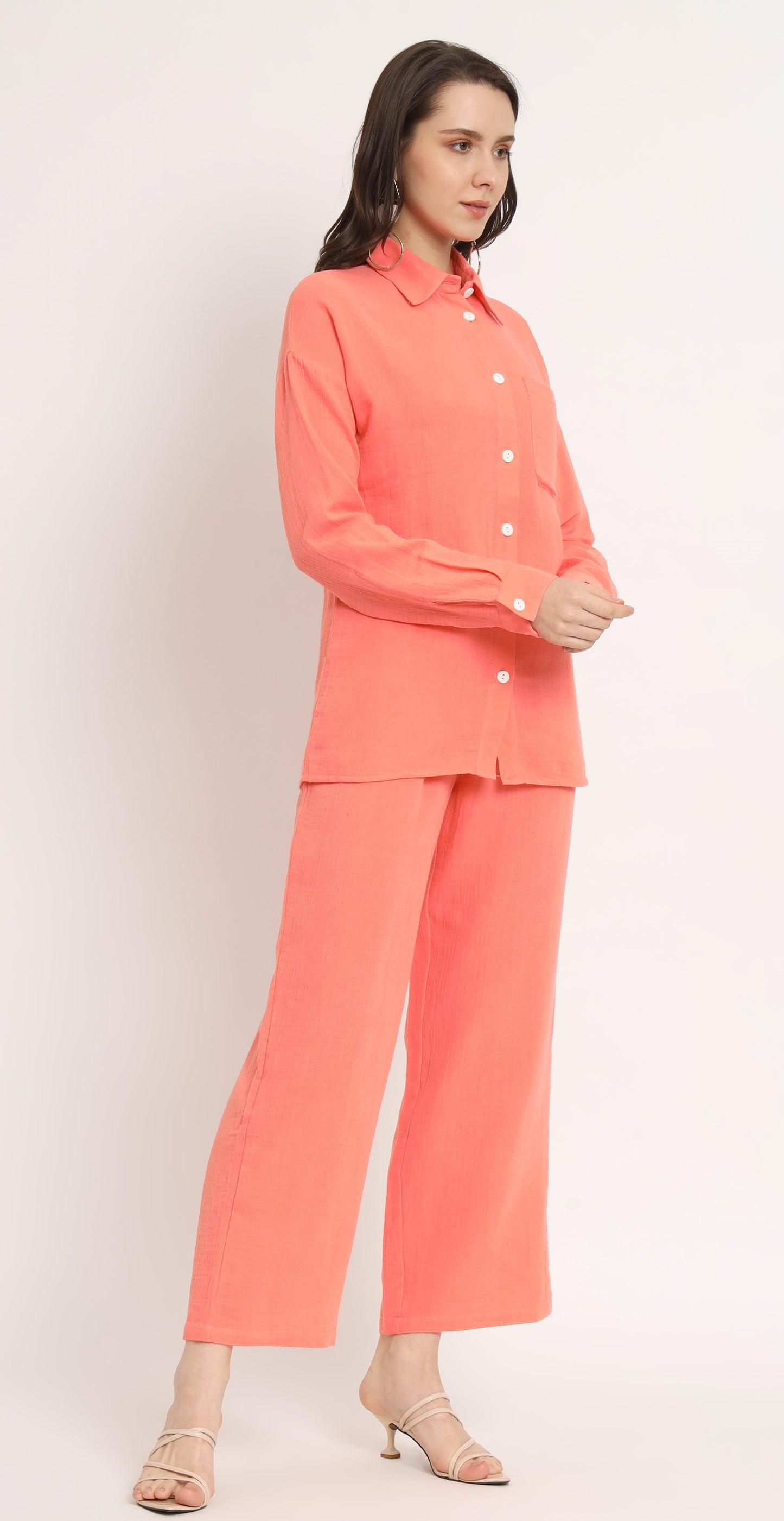 NUEVOSDAMAS Women Pure Cotton Muslin Solid Peach Shirt & Trousers co-ord Set