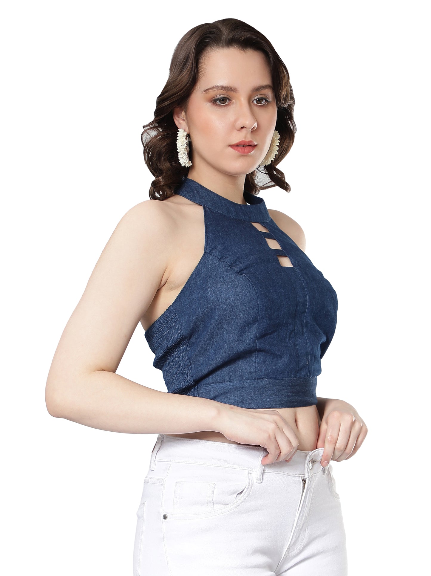NUEVOSDAMAS Women Denim Halter Neck Crop Top Blue