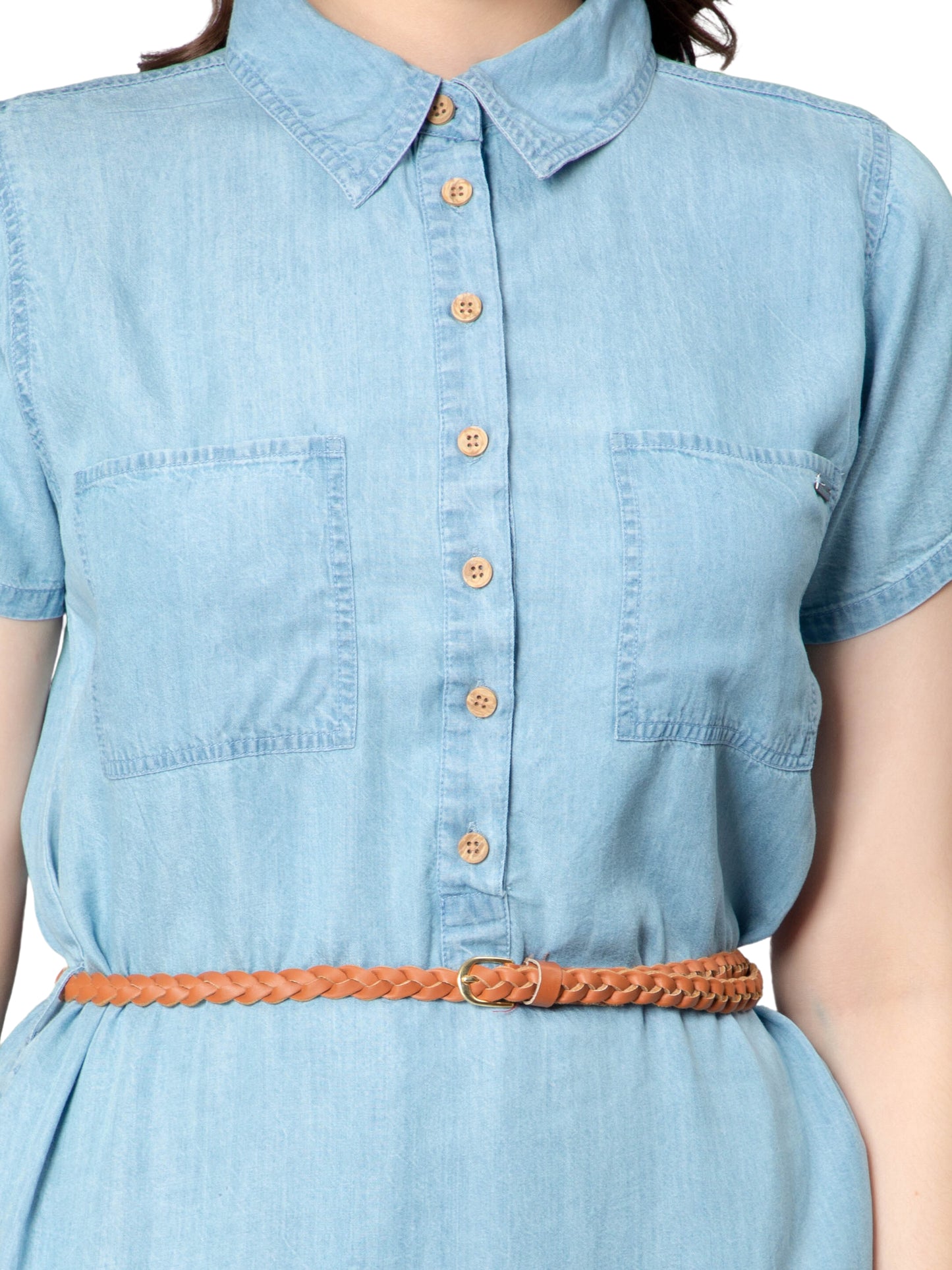 NUEVOSDAMAS Women Denim Long Shirt Style Midi Dress Light Blue