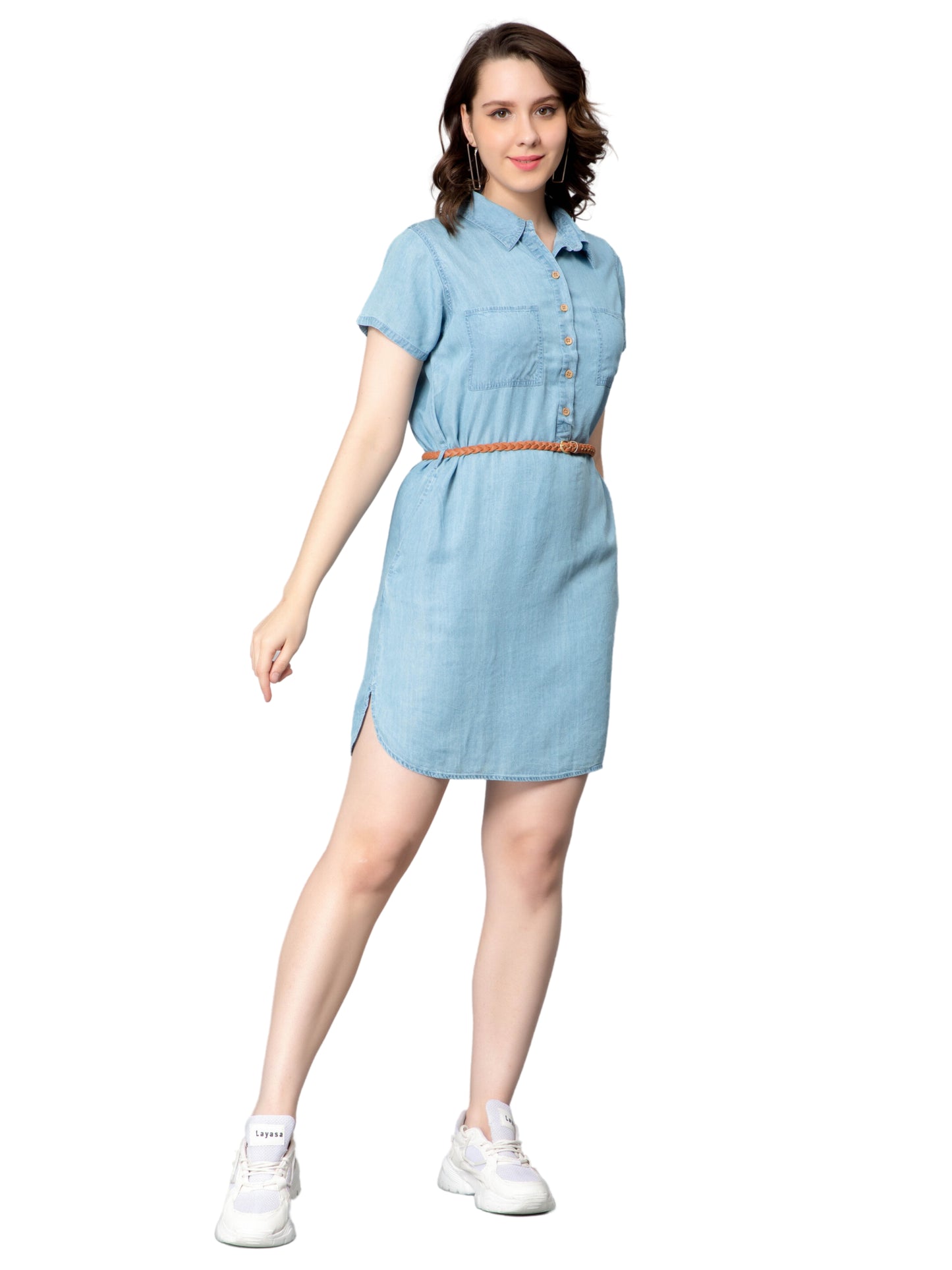 NUEVOSDAMAS Women Denim Long Shirt Style Midi Dress Light Blue