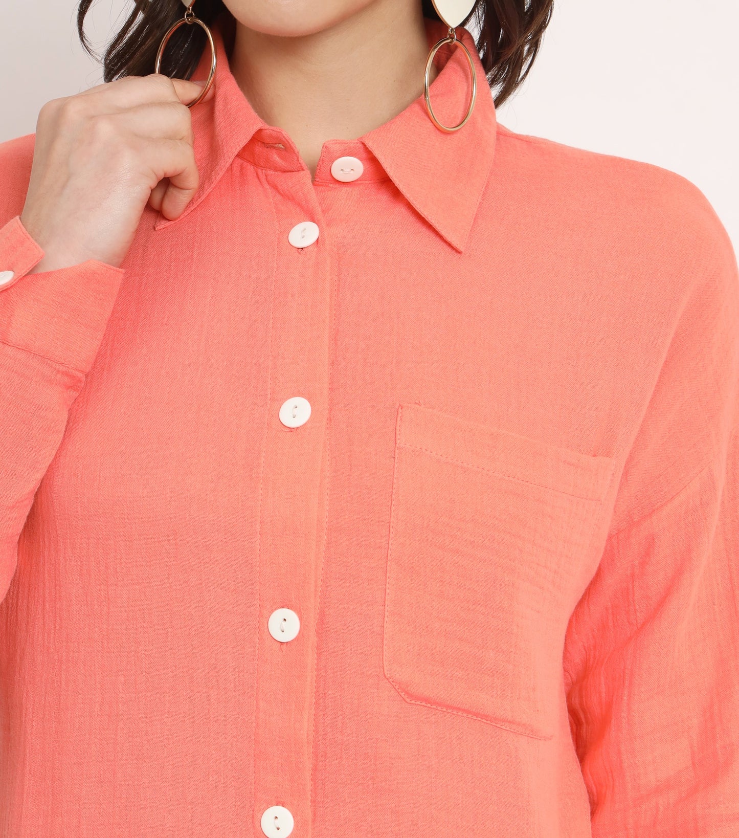 NUEVOSDAMAS Women Pure Cotton Muslin Solid Peach Shirt & Trousers co-ord Set
