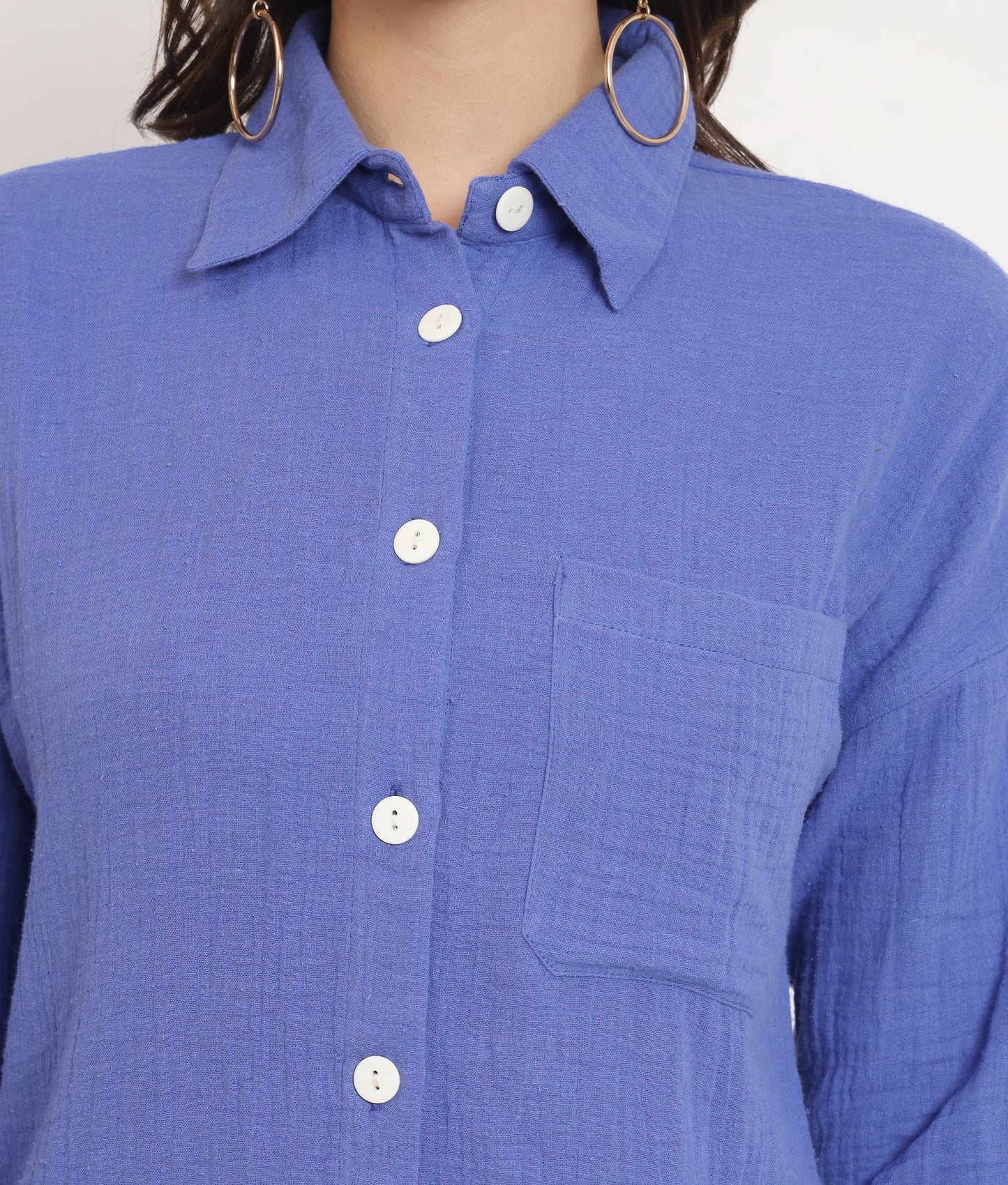 NUEVOSDAMAS Women Pure Cotton Muslin Solid Violet Blue Shirt & Trousers co-ord Set